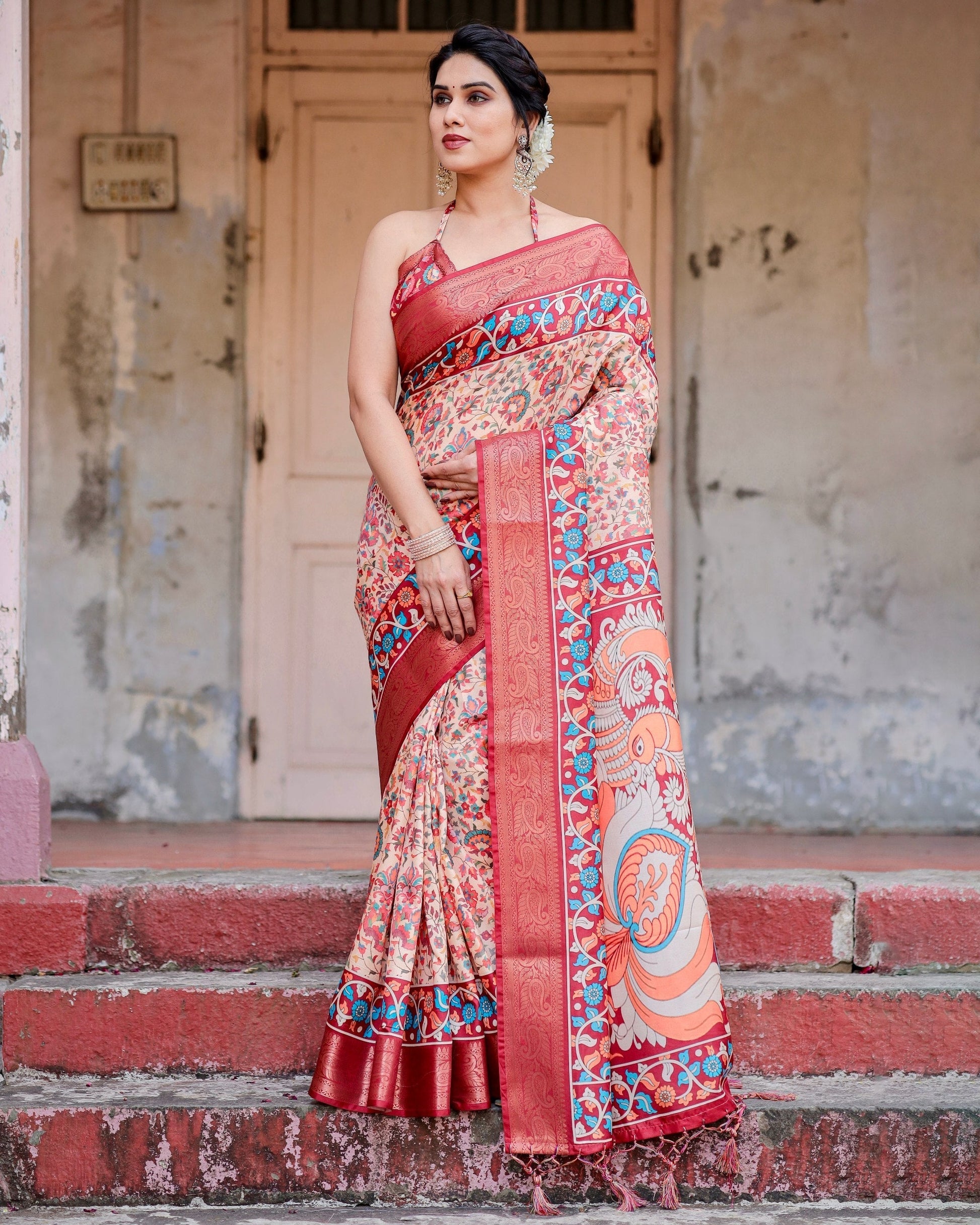 Peach & Maroon Floral Printed Cotton Silk Saree