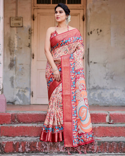 Peach & Maroon Floral Printed Cotton Silk Saree
