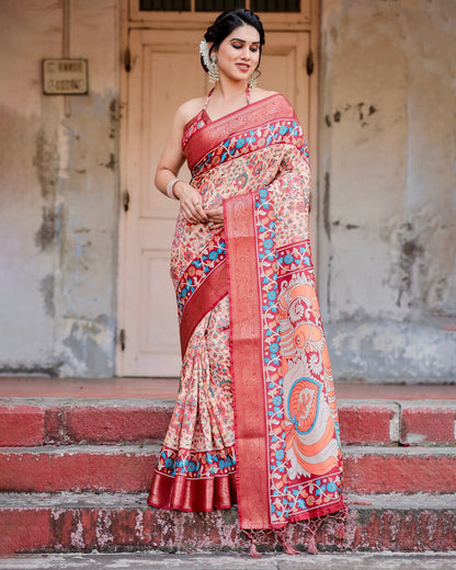 Peach & Maroon Floral Printed Cotton Silk Saree