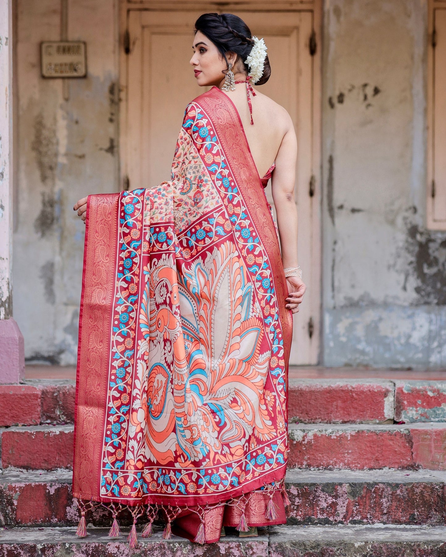 Peach & Maroon Floral Printed Cotton Silk Saree