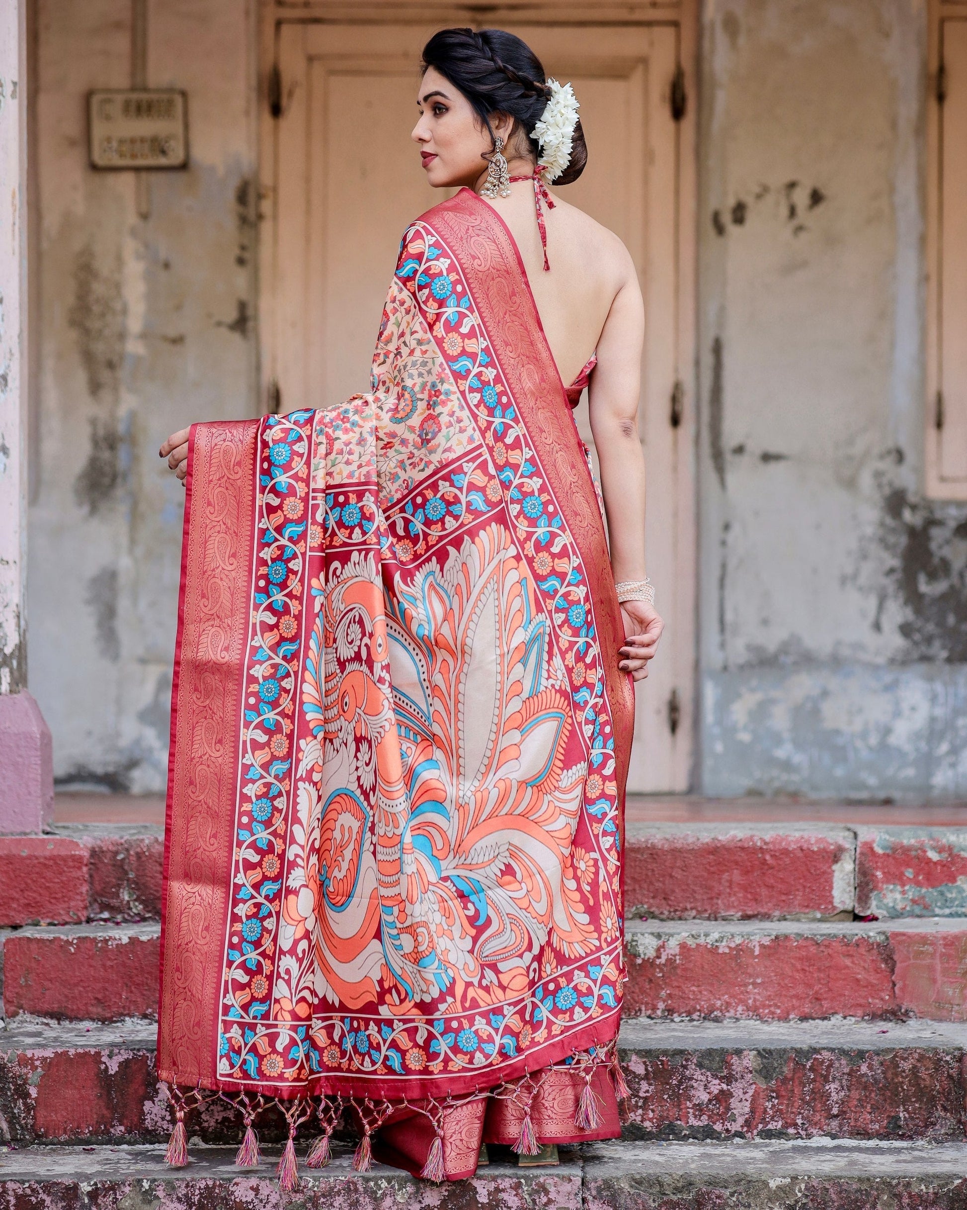 Peach & Maroon Floral Printed Cotton Silk Saree