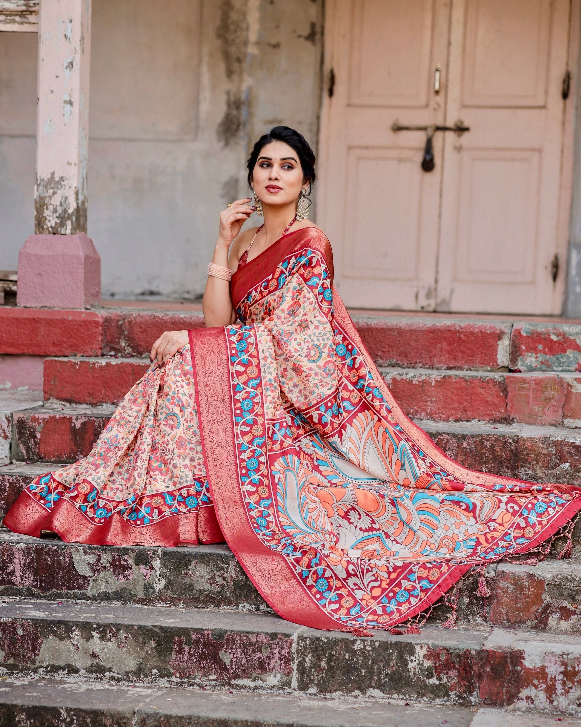 Peach & Maroon Floral Printed Cotton Silk Saree