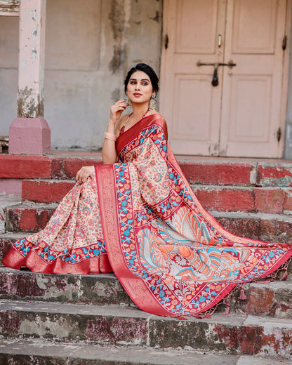 Peach & Maroon Floral Printed Cotton Silk Saree