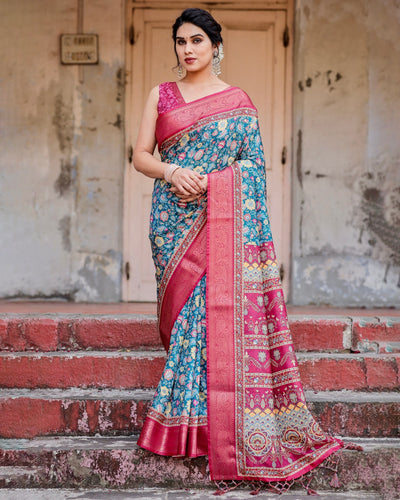 Sky Blue & Pink Floral Printed Cotton Silk Saree