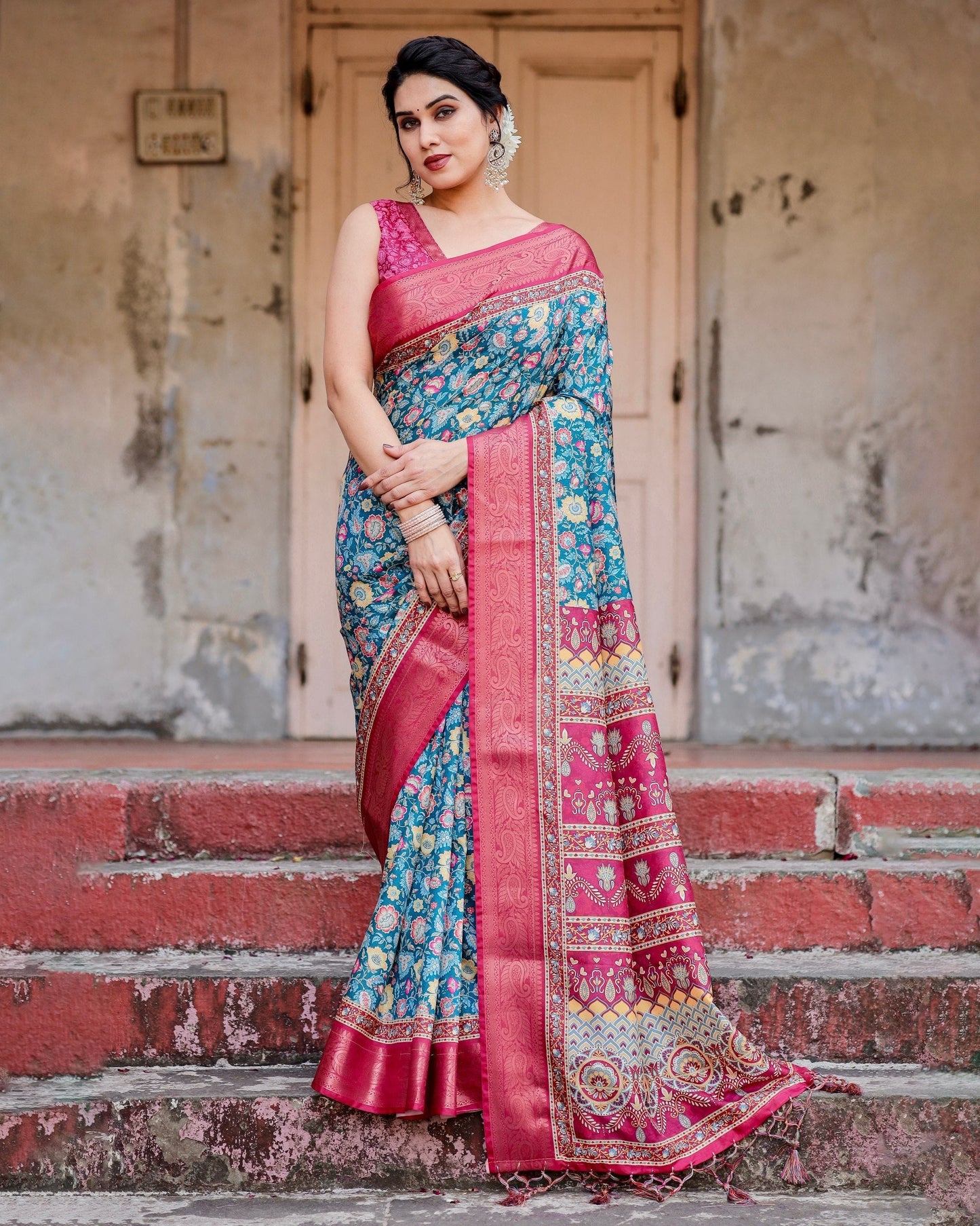 Sky Blue & Pink Floral Printed Cotton Silk Saree