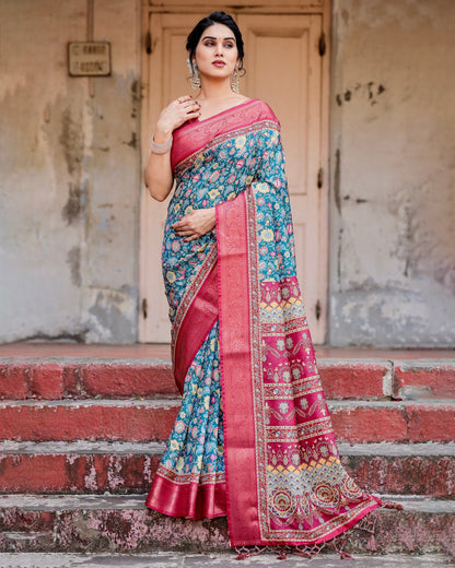 Sky Blue & Pink Floral Printed Cotton Silk Saree