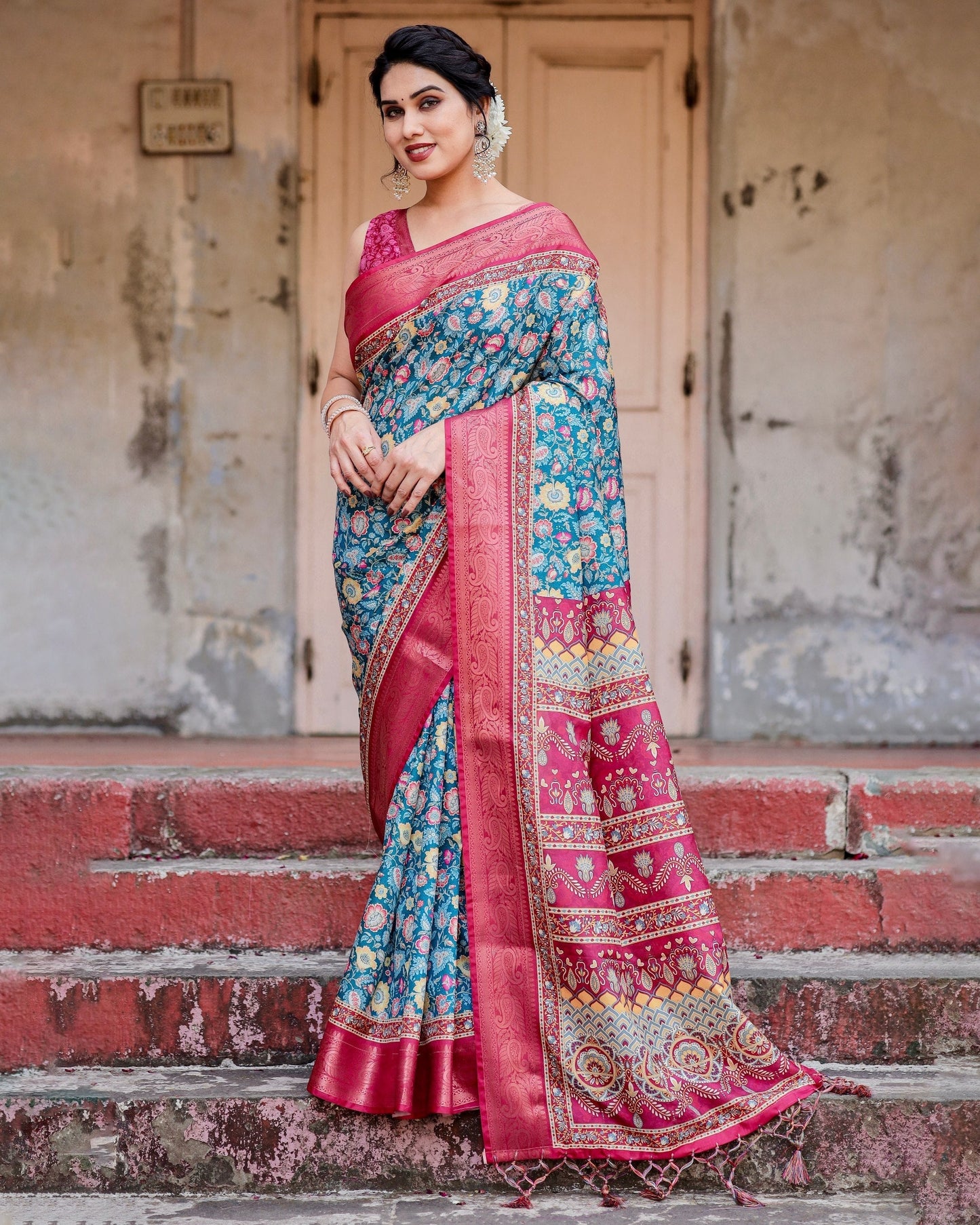 Sky Blue & Pink Floral Printed Cotton Silk Saree