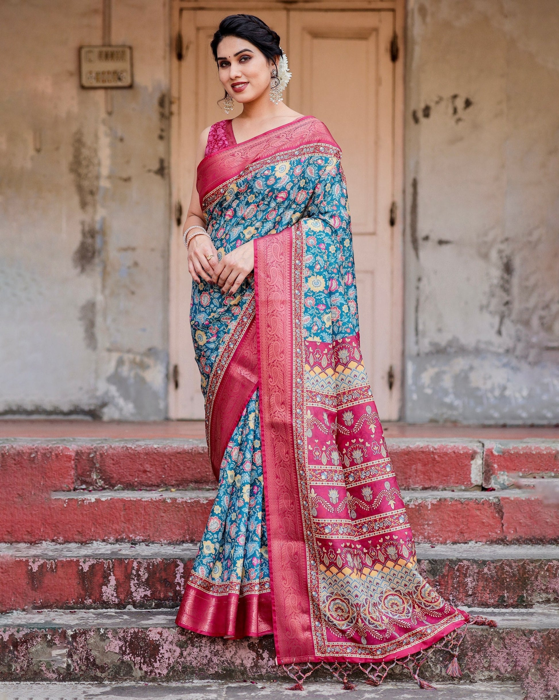 Sky Blue & Pink Floral Printed Cotton Silk Saree