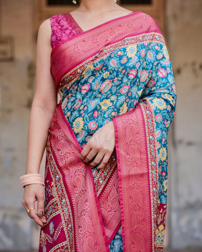 Sky Blue & Pink Floral Printed Cotton Silk Saree