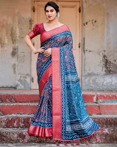 Blue & Pink Floral Printed Cotton Silk Saree