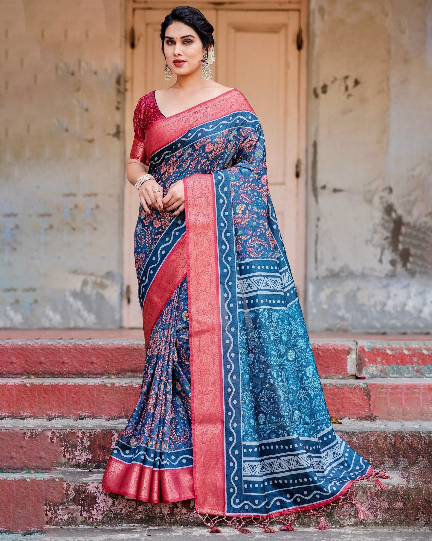 Blue & Pink Floral Printed Cotton Silk Saree