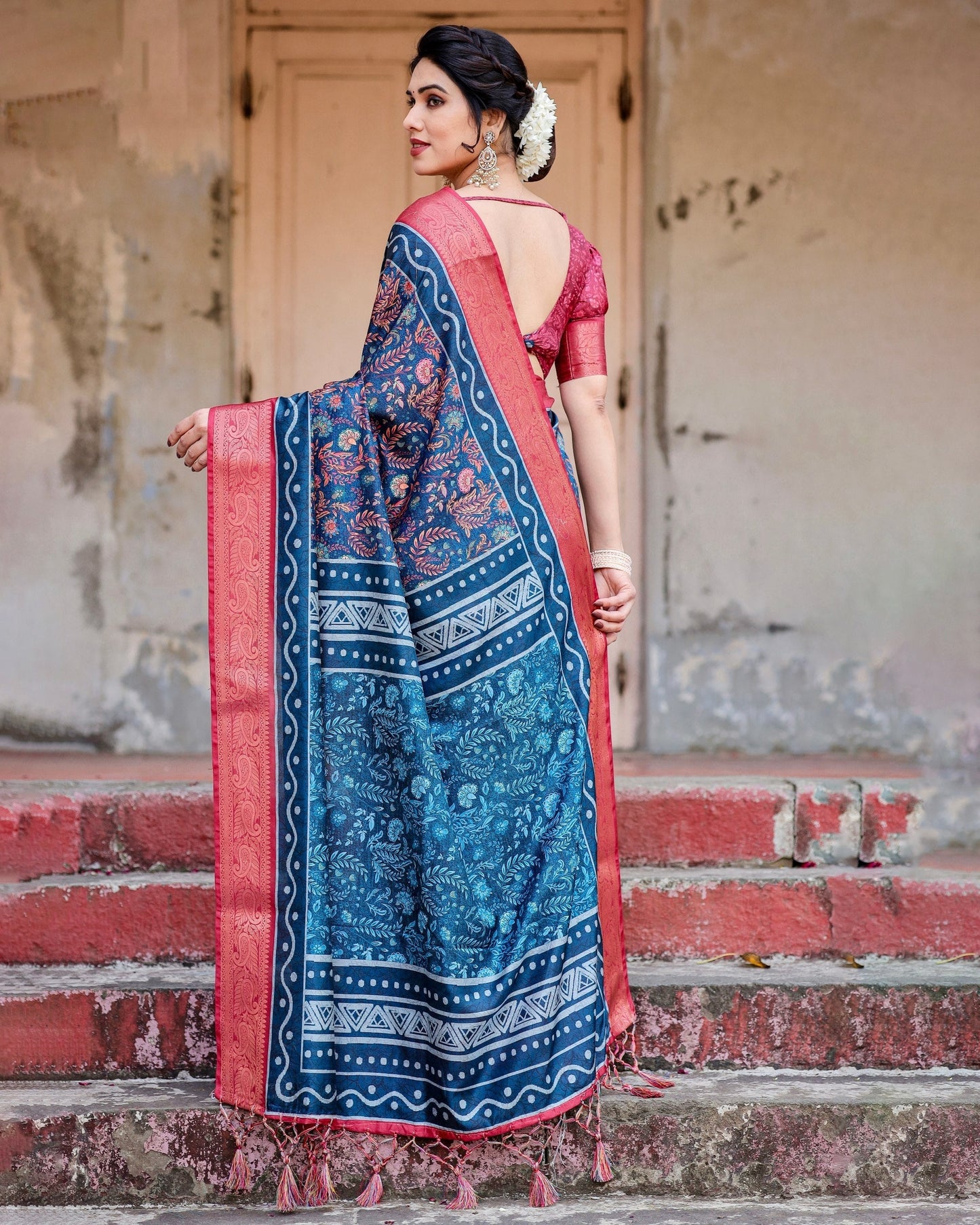 Blue & Pink Floral Printed Cotton Silk Saree