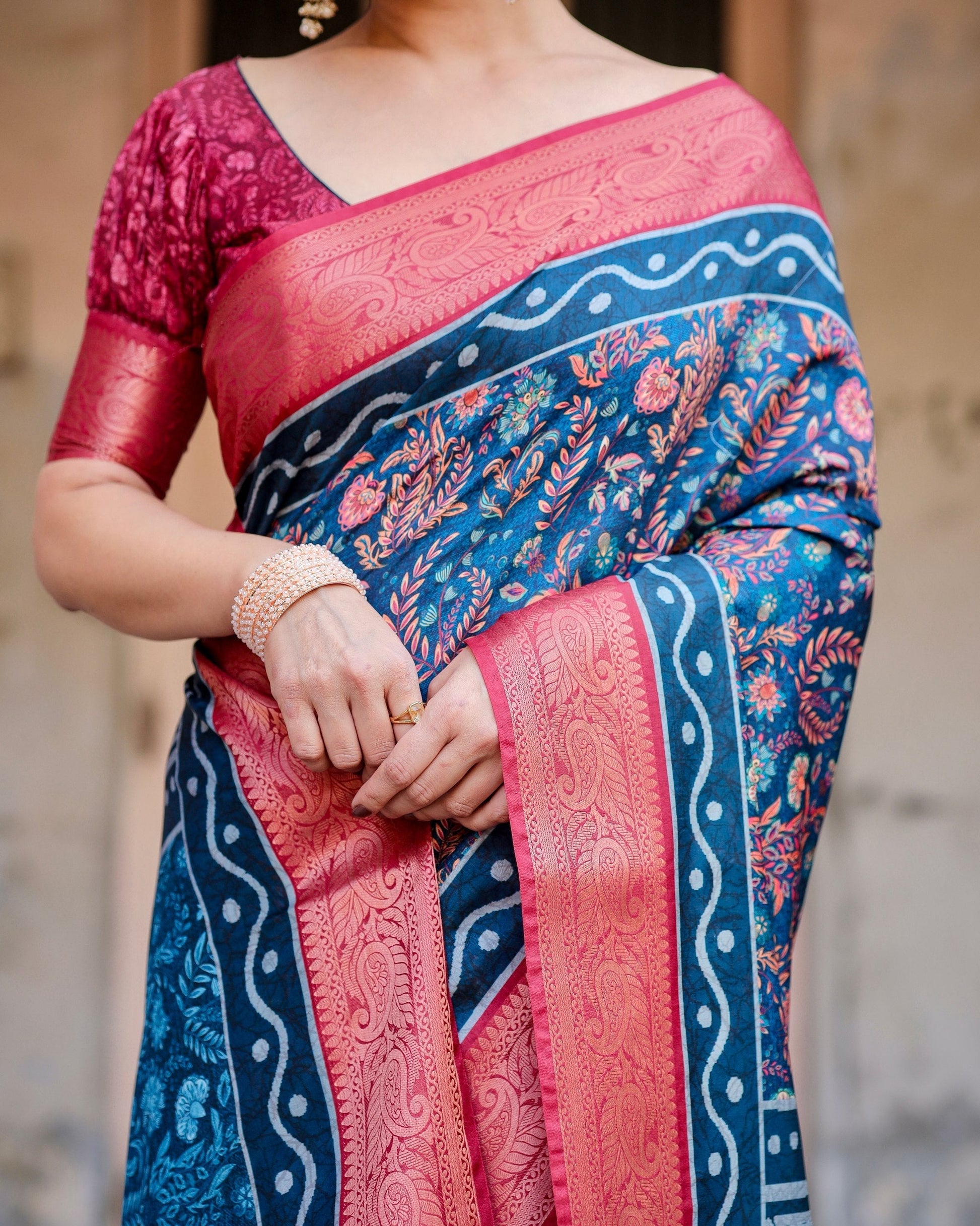 Blue & Pink Floral Printed Cotton Silk Saree