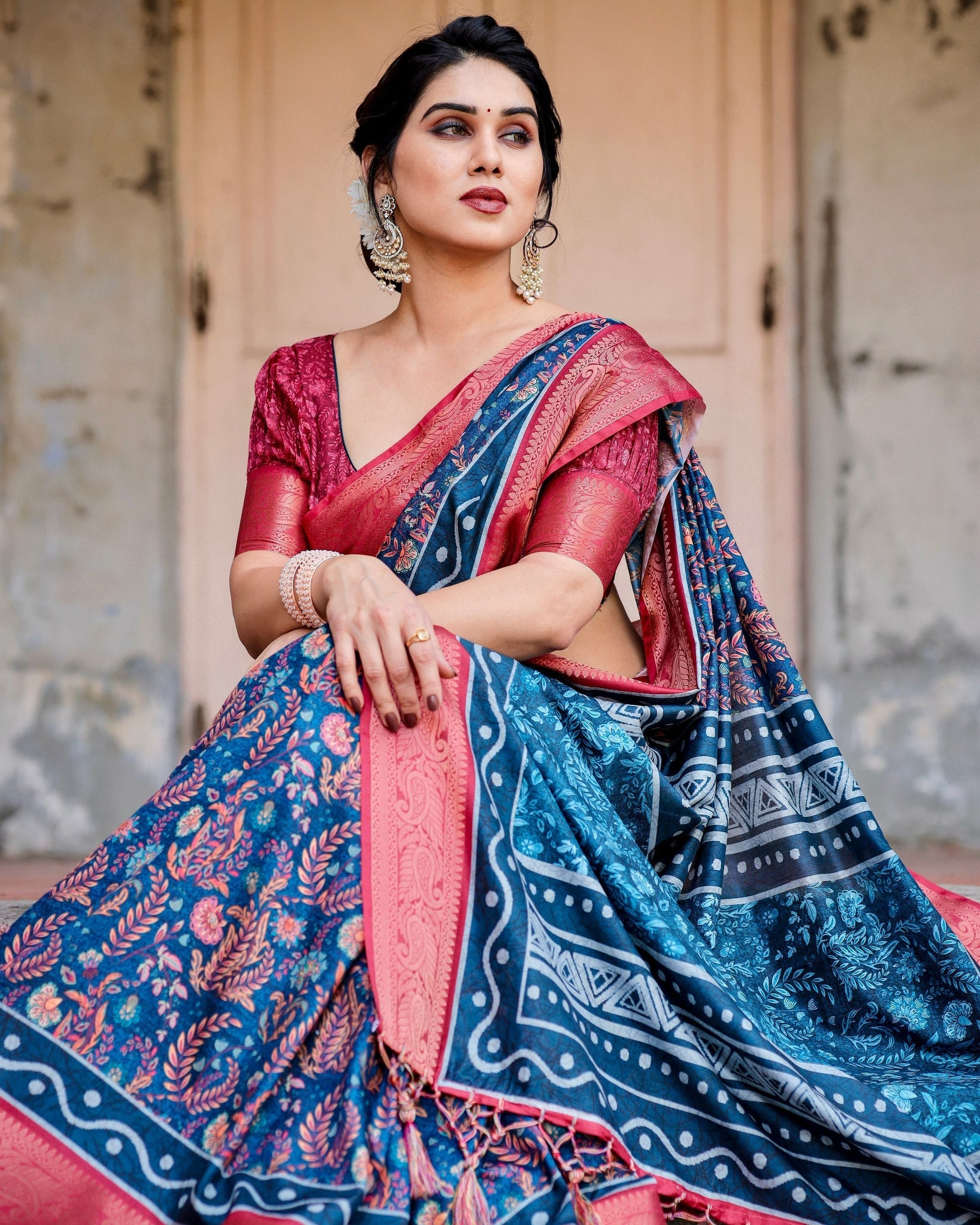 Blue & Pink Floral Printed Cotton Silk Saree