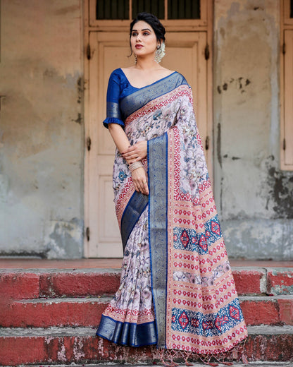 Cream & Navy Blue Floral Printed Cotton Silk Saree