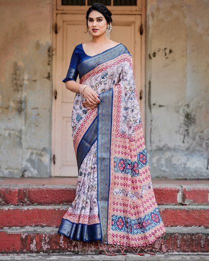 Cream & Navy Blue Floral Printed Cotton Silk Saree