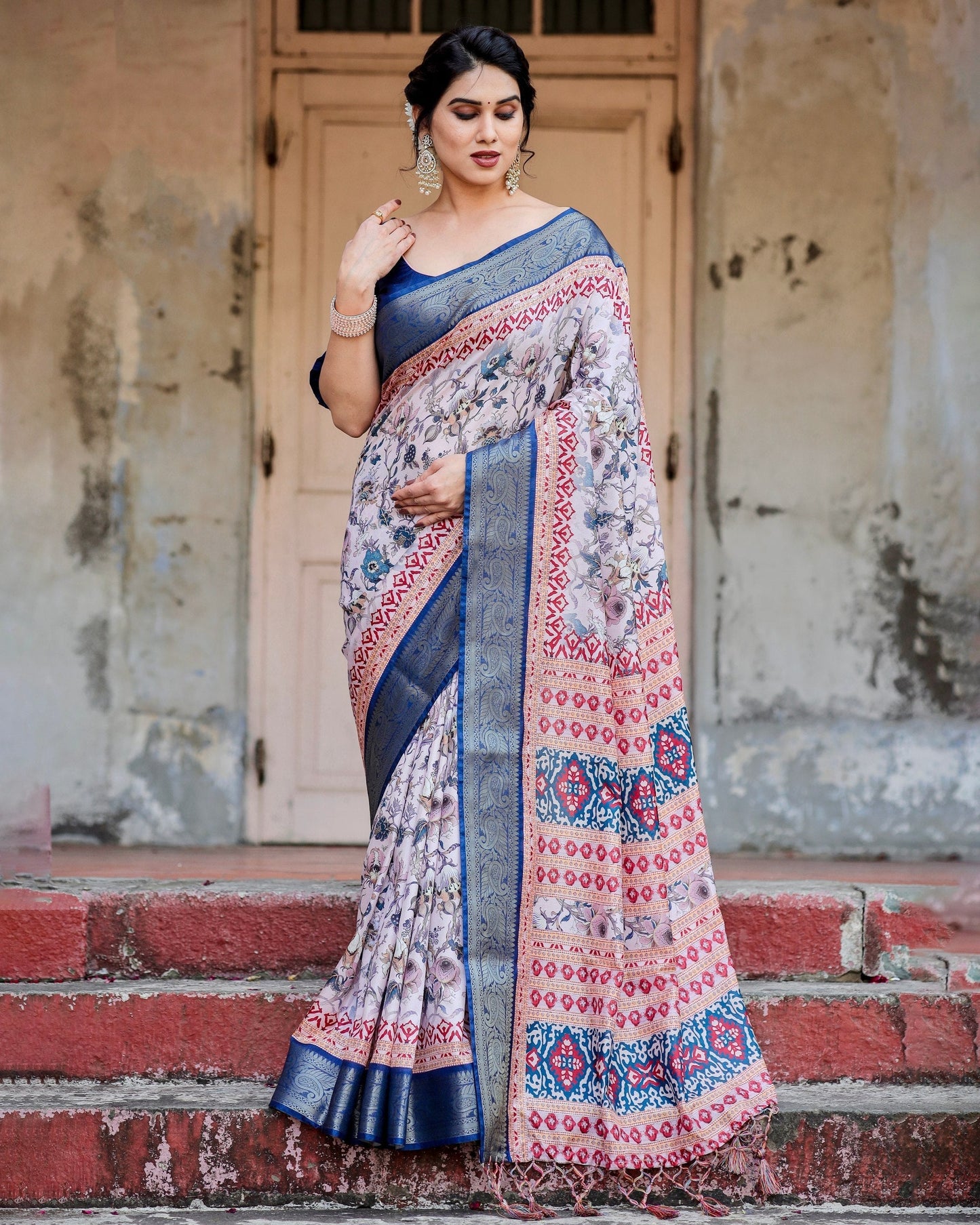 Cream & Navy Blue Floral Printed Cotton Silk Saree