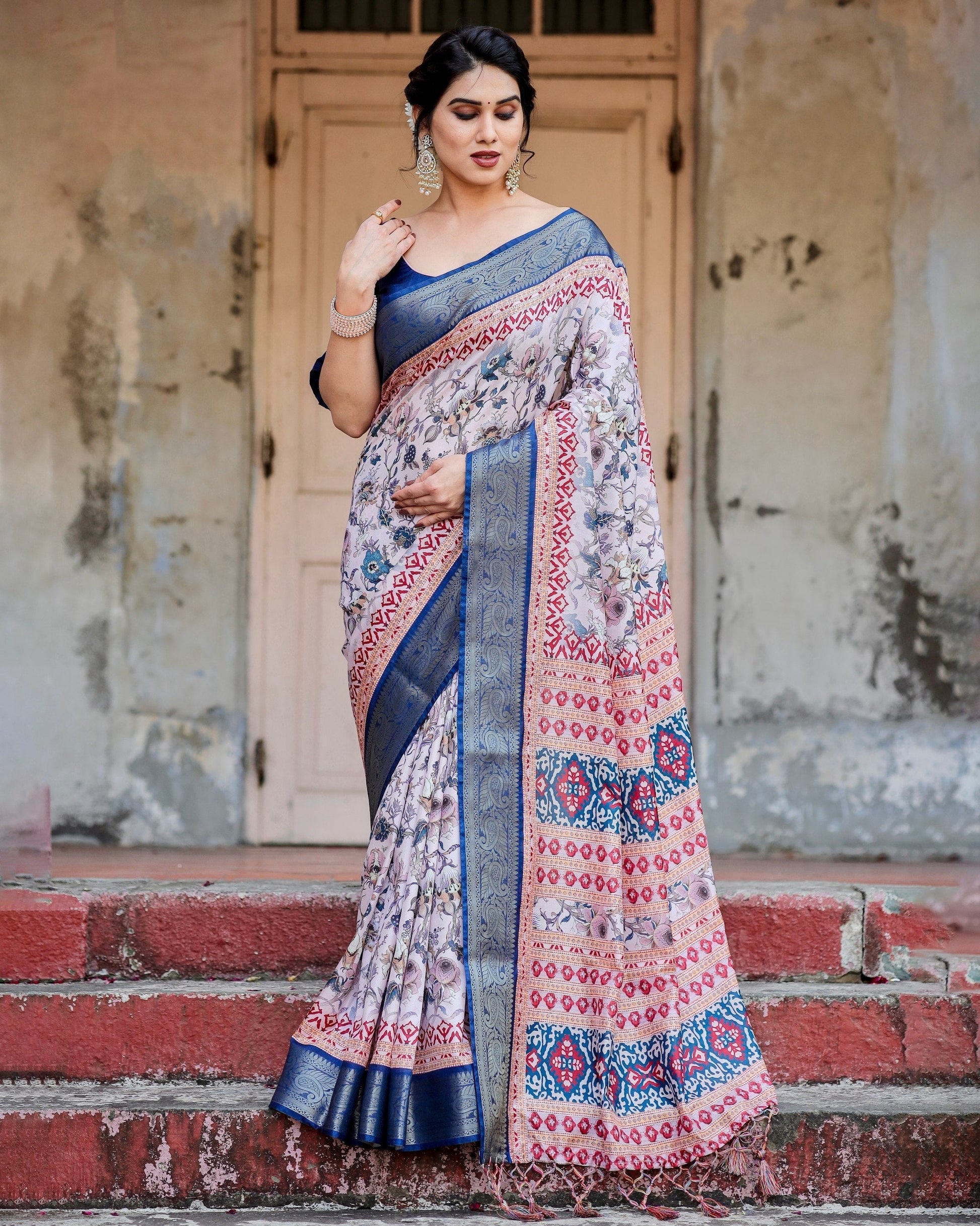 Cream & Navy Blue Floral Printed Cotton Silk Saree