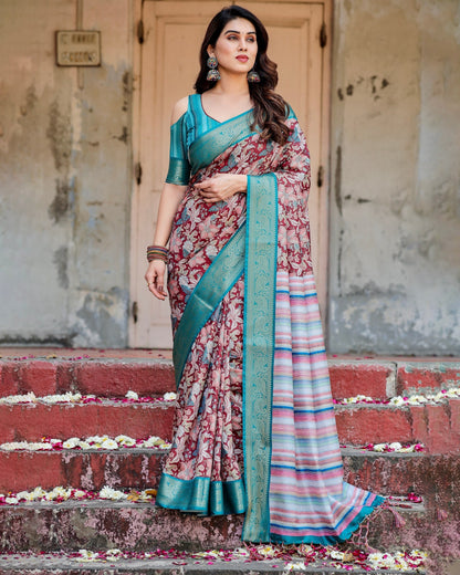 Maroon & Green Floral Printed Cotton Silk Saree