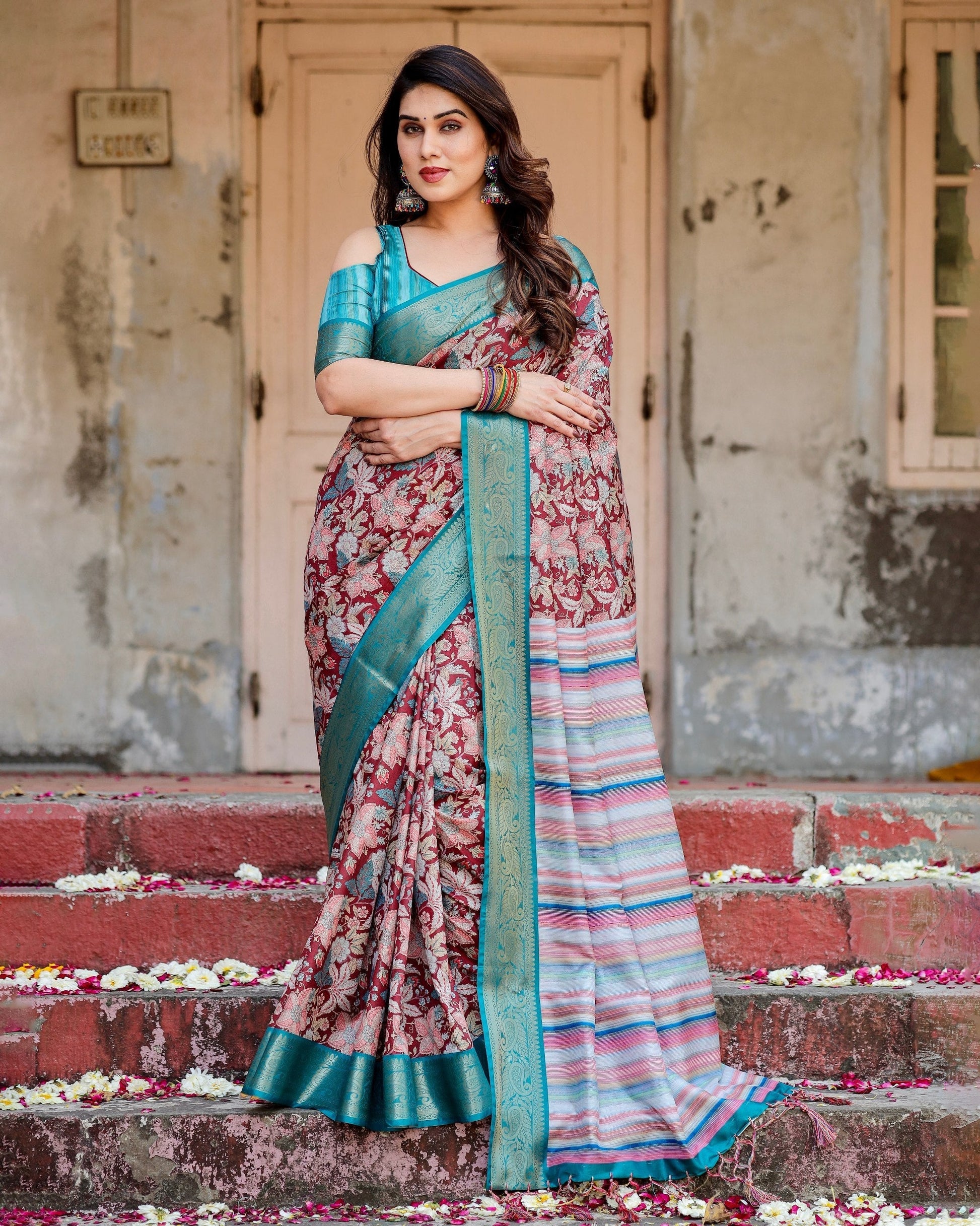 Maroon & Green Floral Printed Cotton Silk Saree