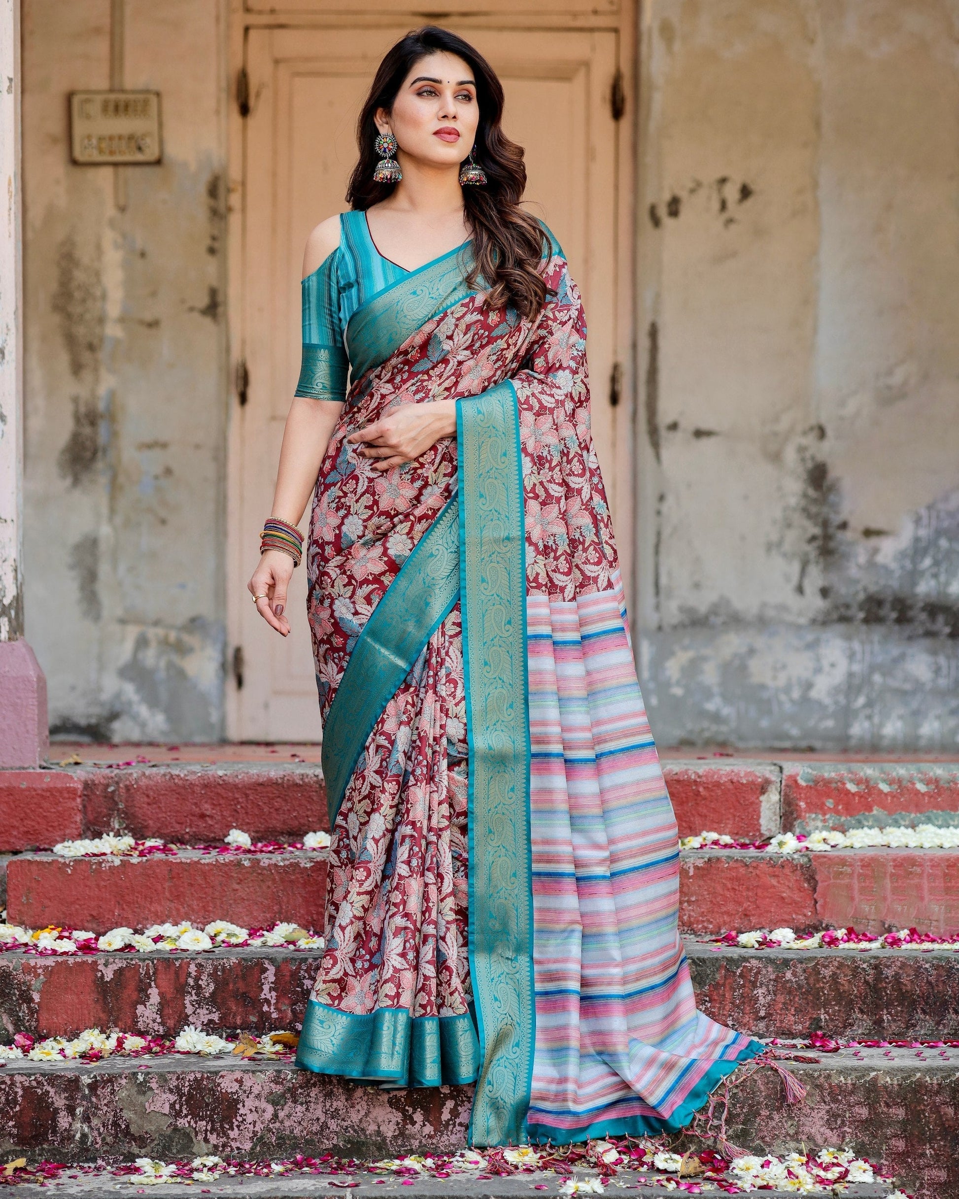 Maroon & Green Floral Printed Cotton Silk Saree
