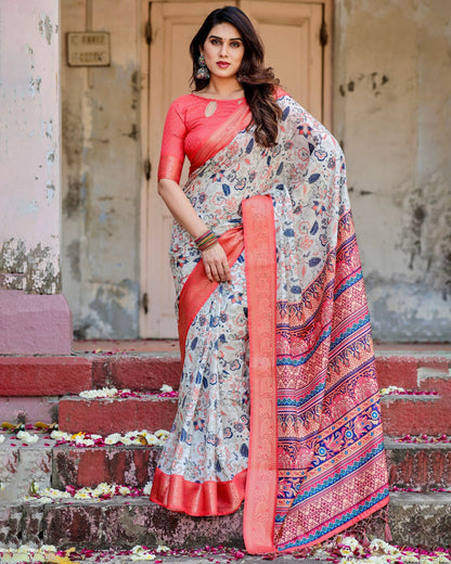 White & Light Pink Floral Printed Cotton Silk Saree