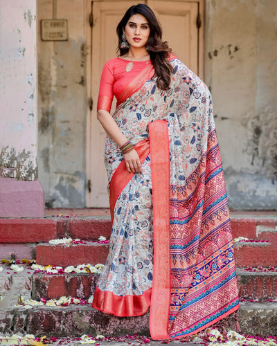 White & Light Pink Floral Printed Cotton Silk Saree