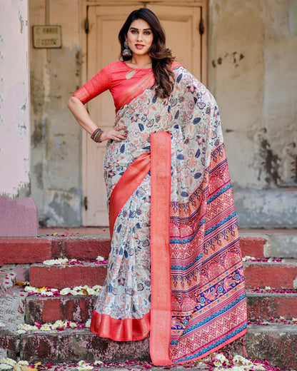 White & Light Pink Floral Printed Cotton Silk Saree