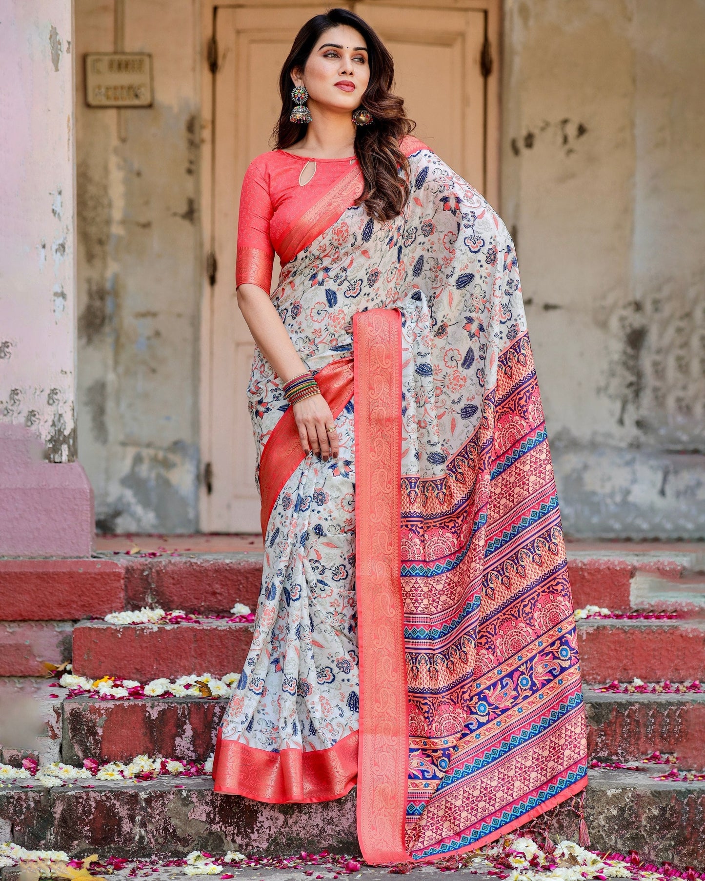 White & Light Pink Floral Printed Cotton Silk Saree