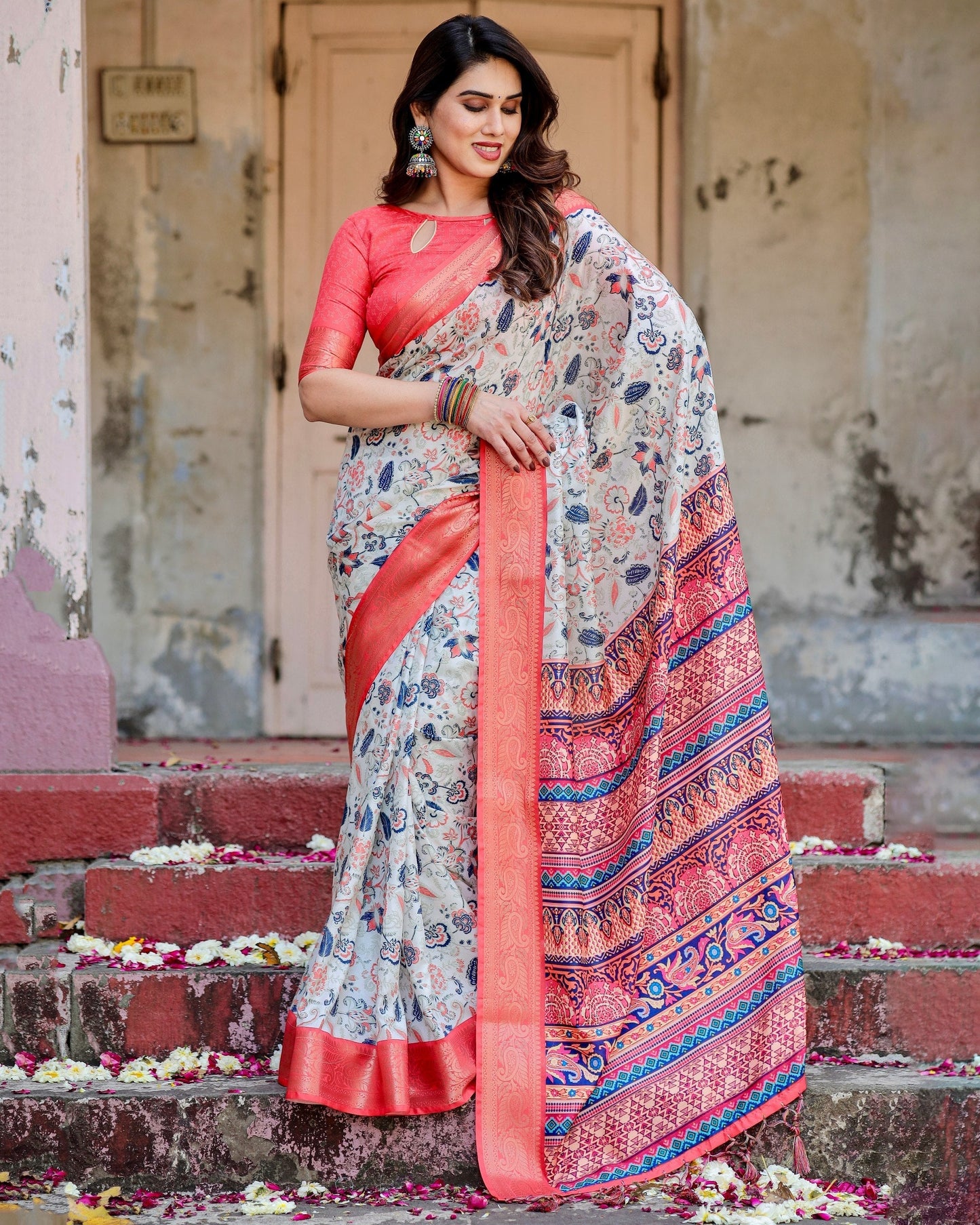White & Light Pink Floral Printed Cotton Silk Saree