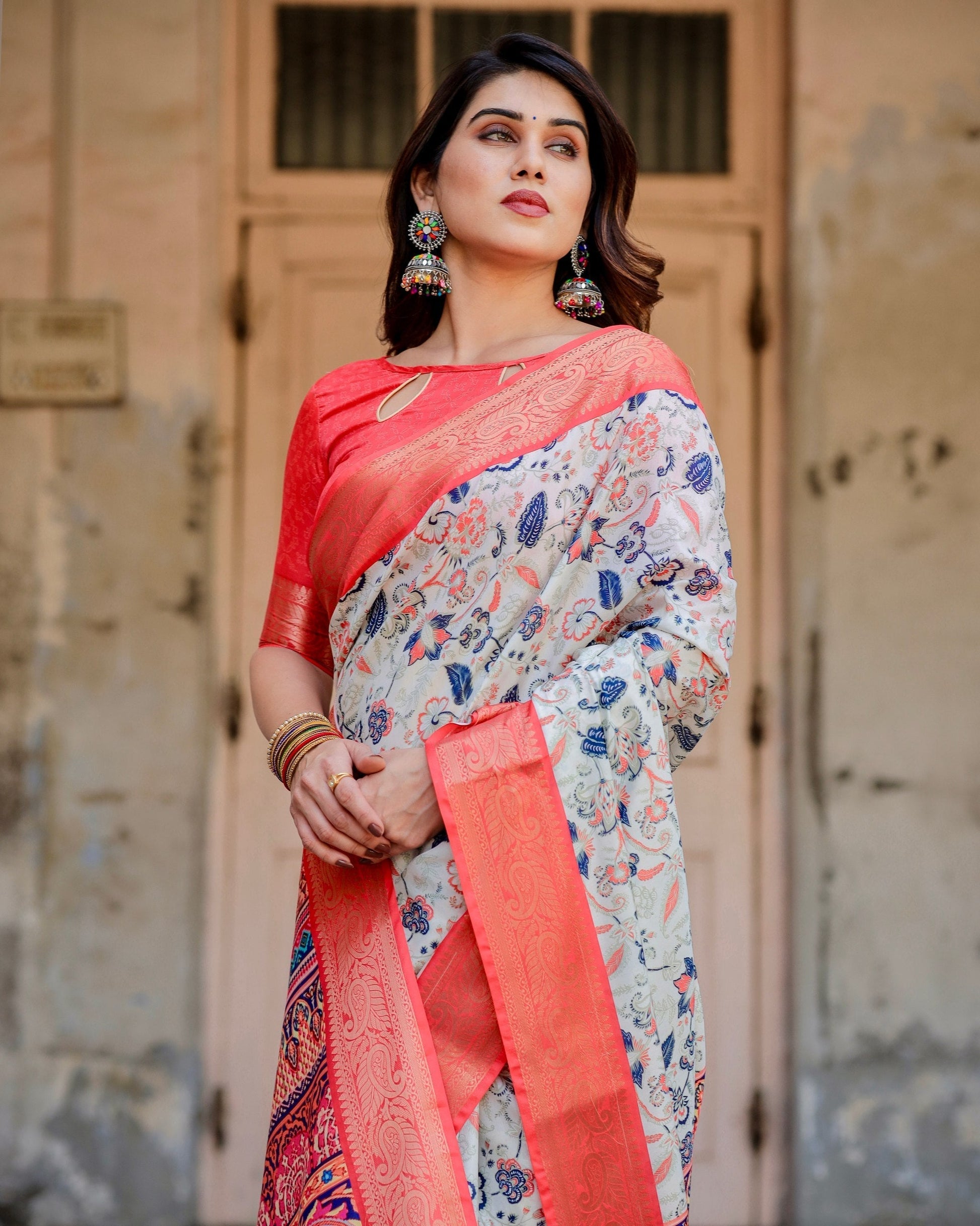 White & Light Pink Floral Printed Cotton Silk Saree
