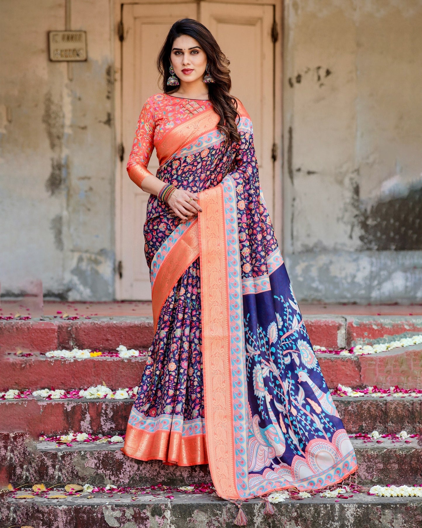 Royal Blue & Orange Floral Printed Cotton Silk Saree