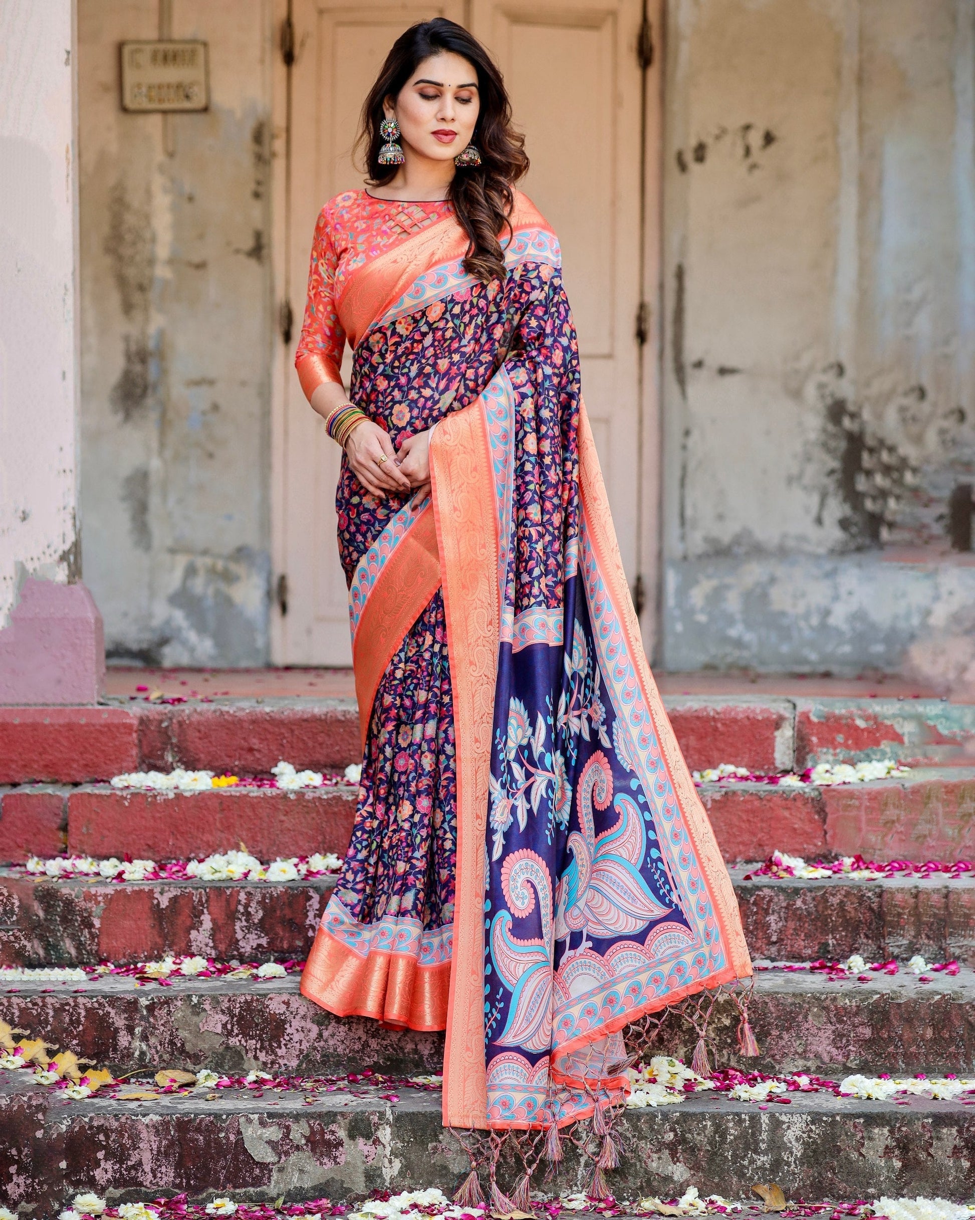 Royal Blue & Orange Floral Printed Cotton Silk Saree