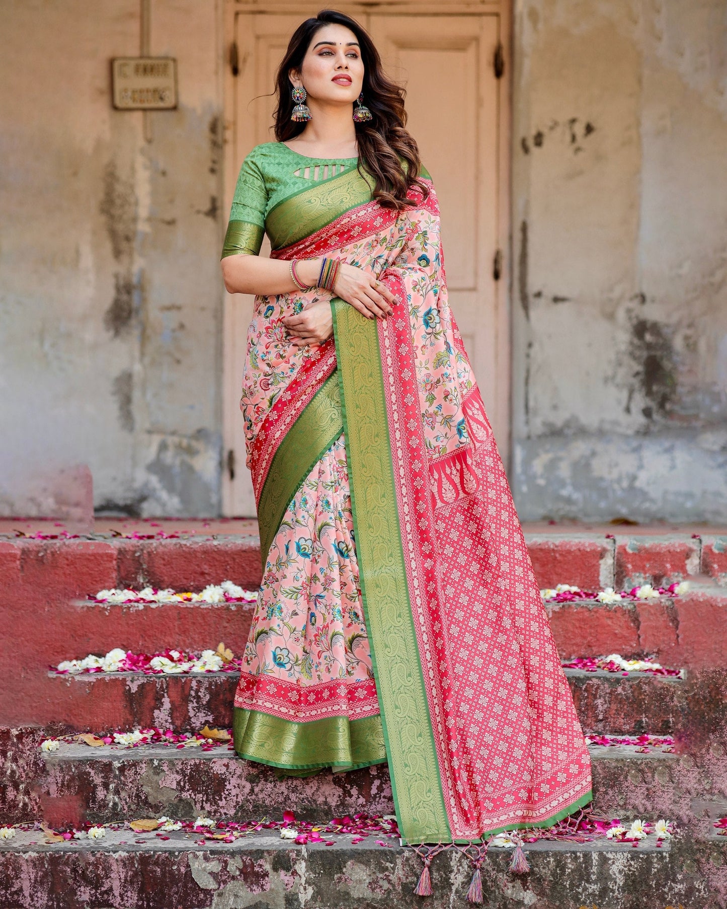 Baby Pink & Green Floral Printed Cotton Silk Saree