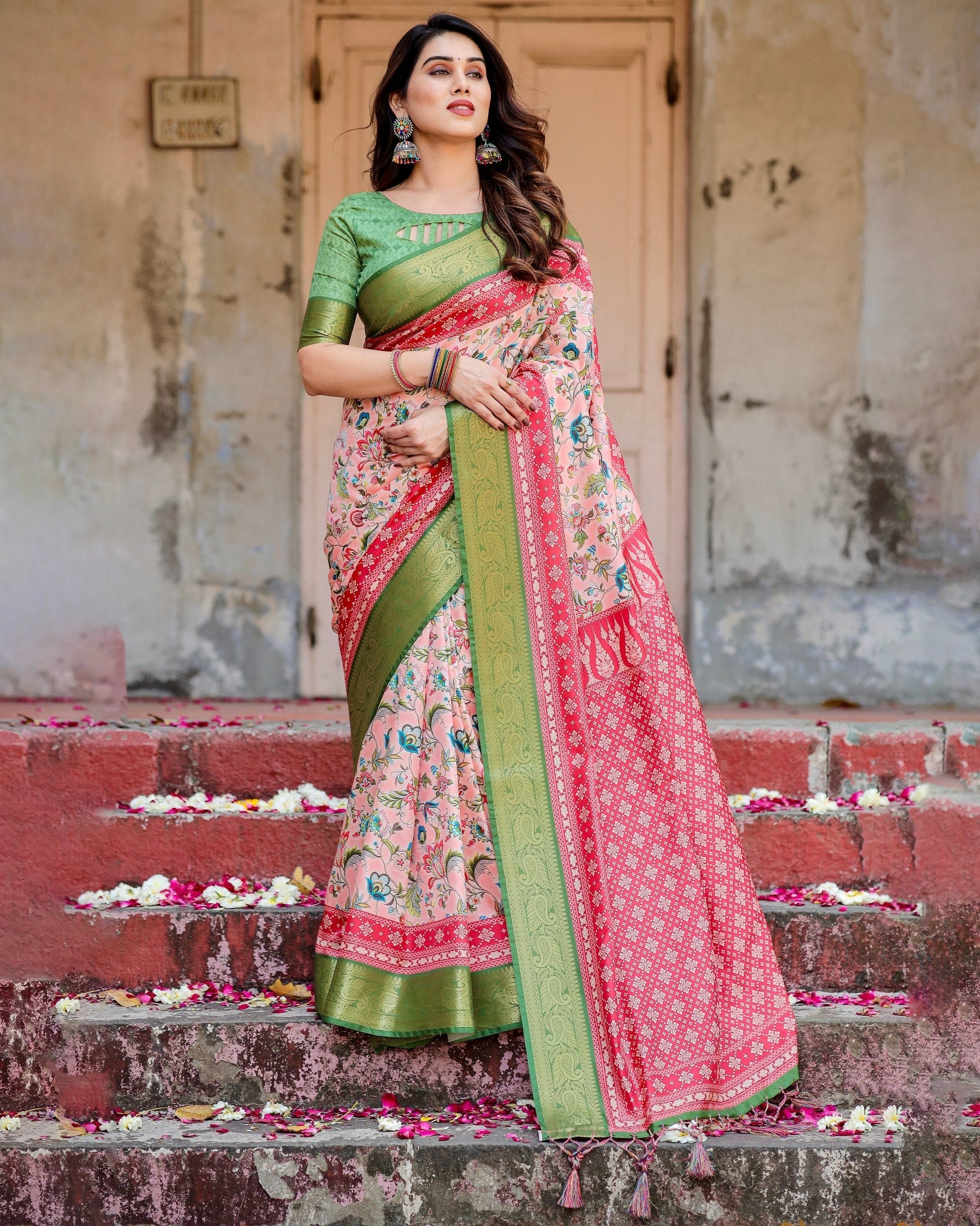 Baby Pink & Green Floral Printed Cotton Silk Saree