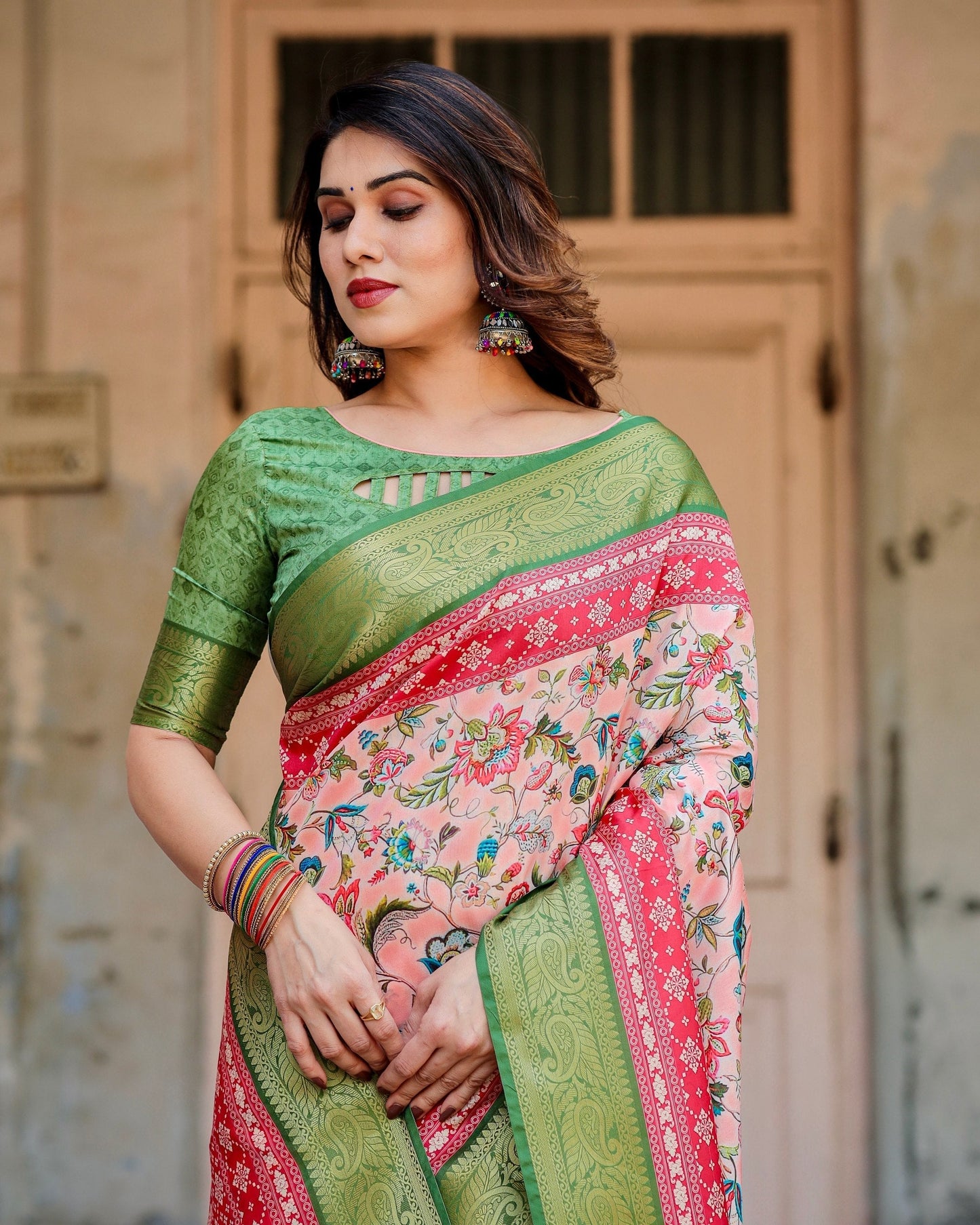 Baby Pink & Green Floral Printed Cotton Silk Saree