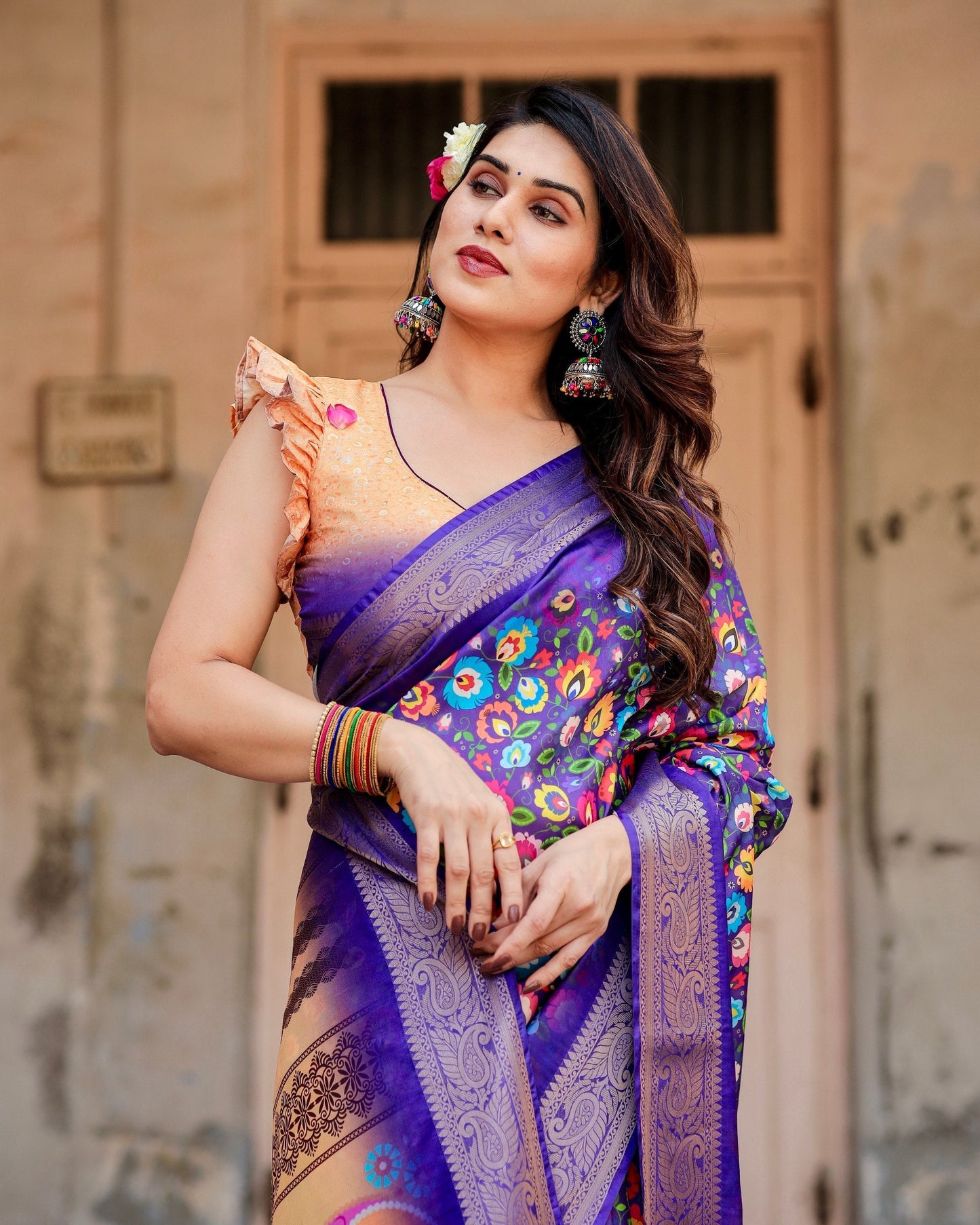 Royal Purple Floral Printed Cotton Silk Saree