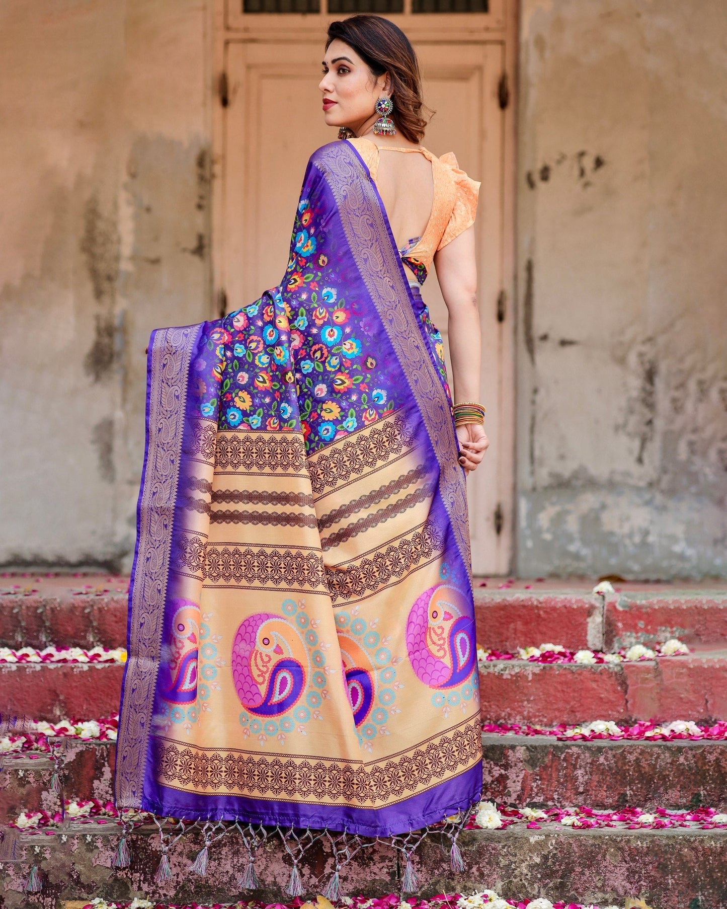 Royal Purple Floral Printed Cotton Silk Saree