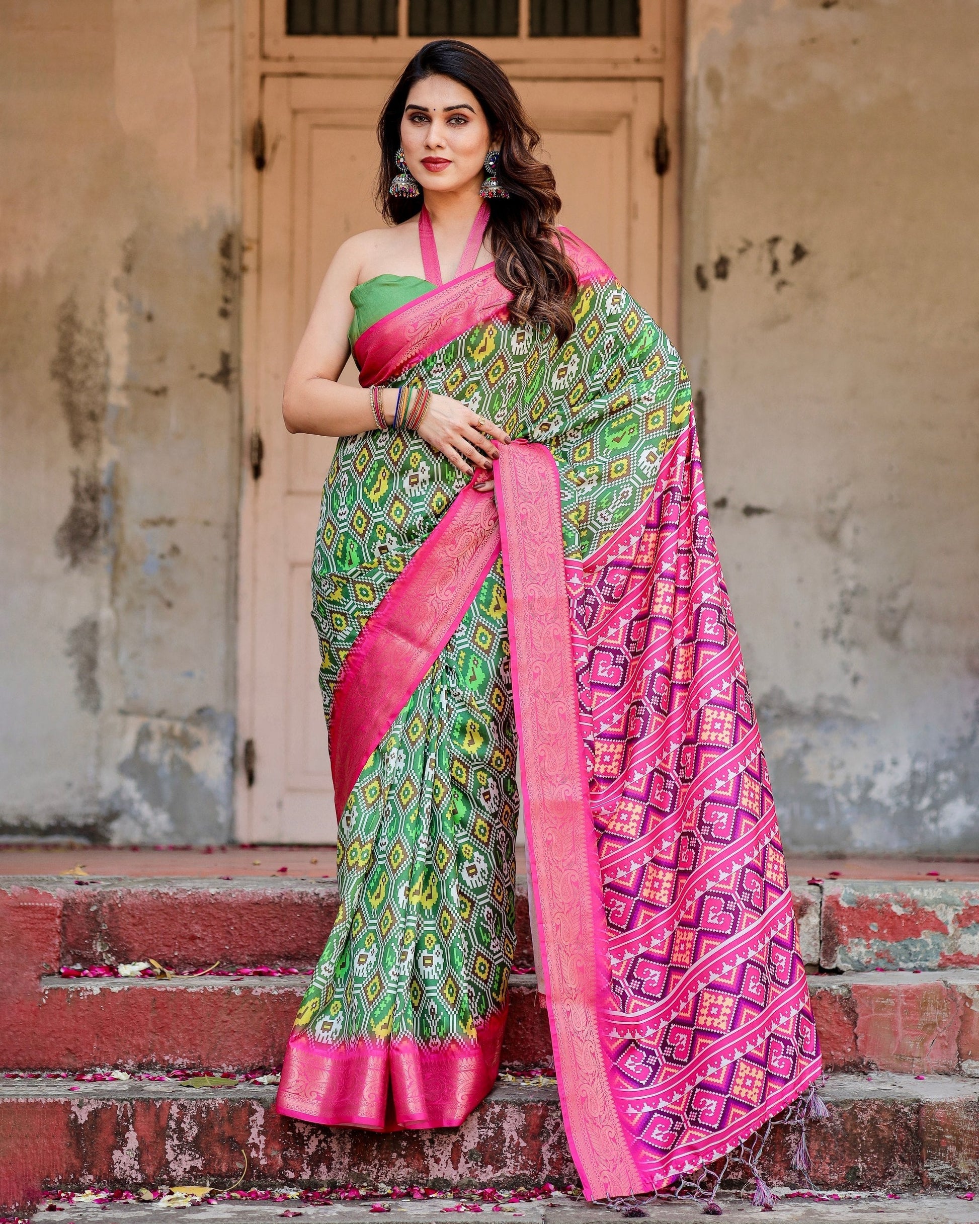 Green & Pink Floral Printed Cotton Silk Saree