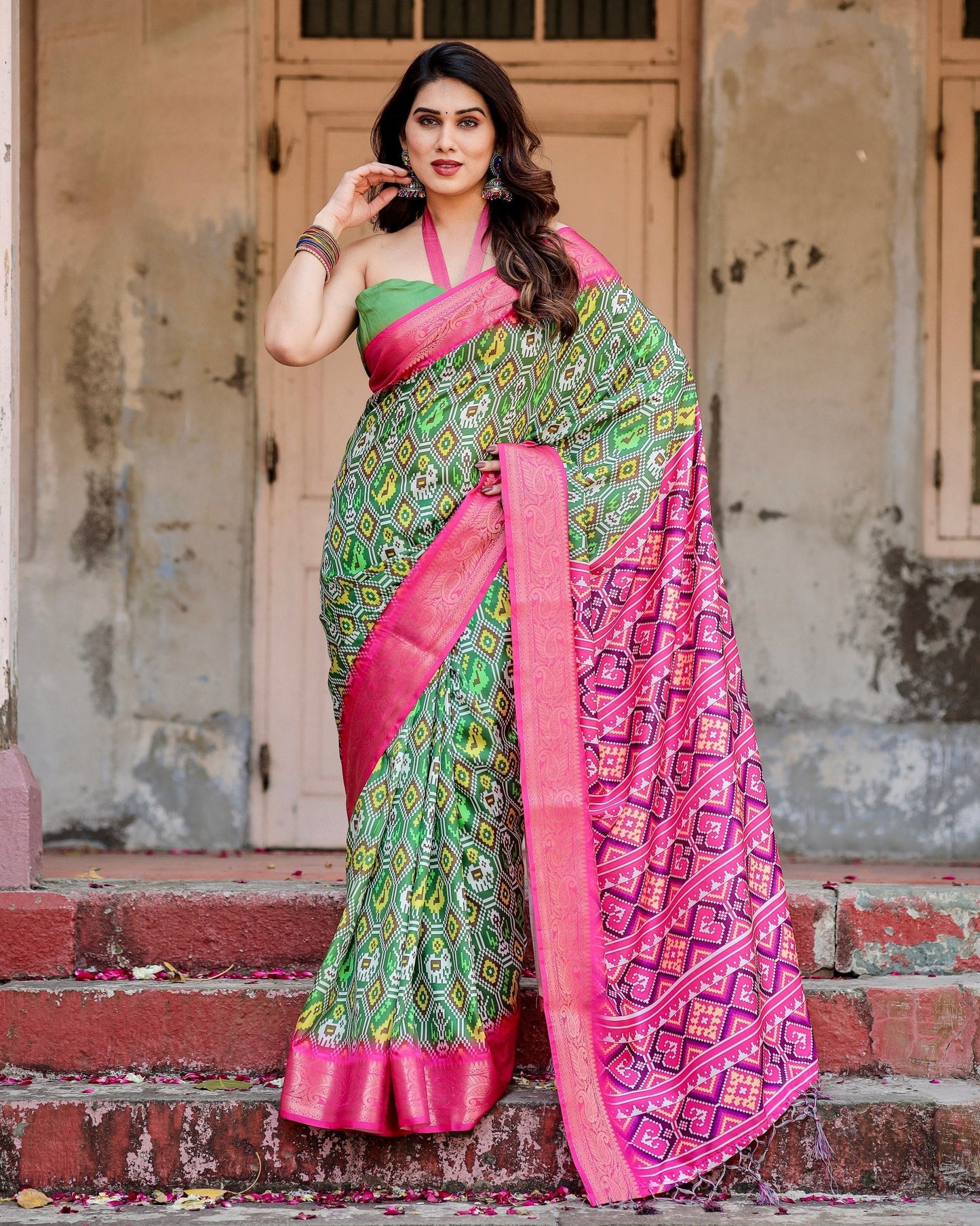 Green & Pink Floral Printed Cotton Silk Saree