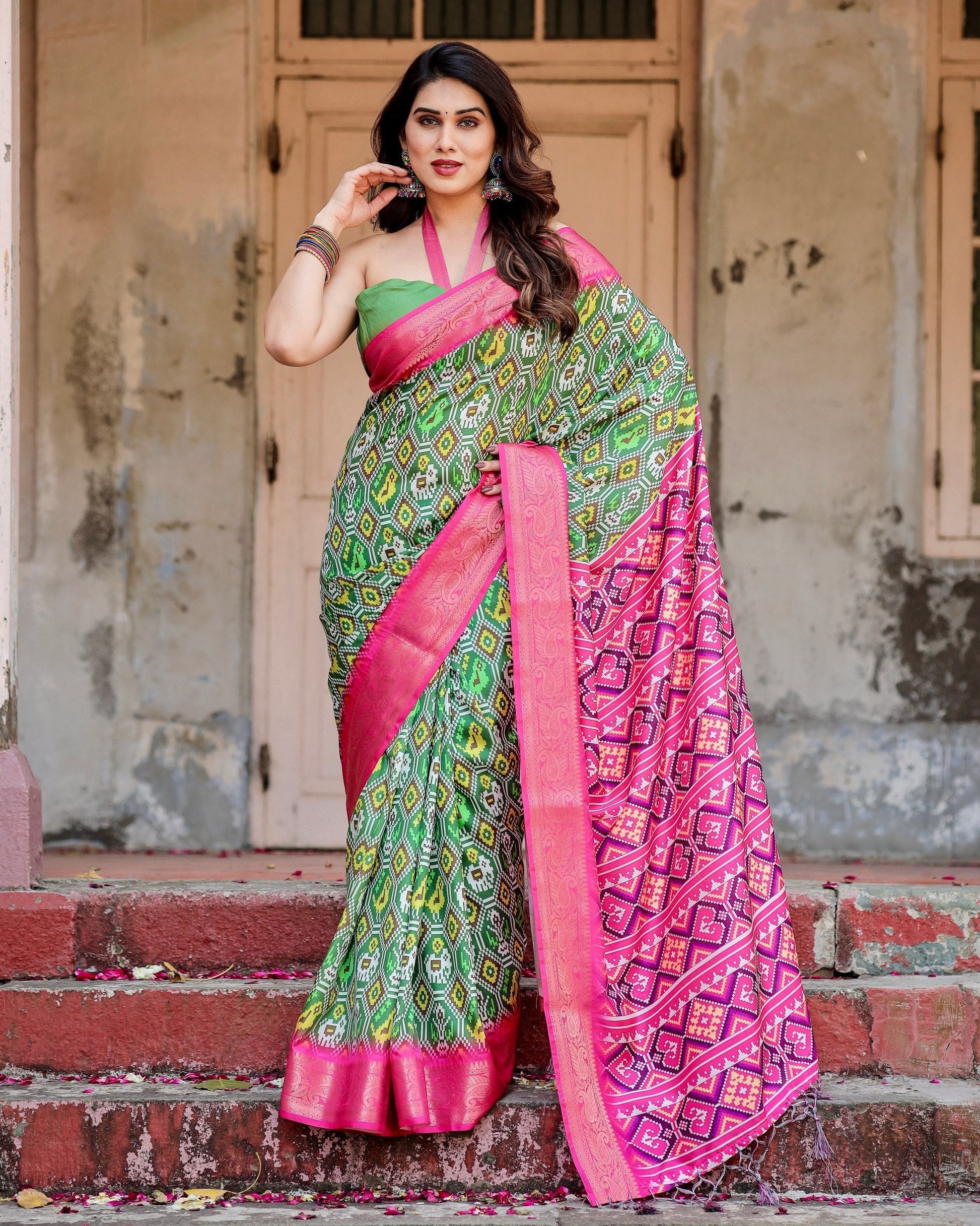Green & Pink Floral Printed Cotton Silk Saree