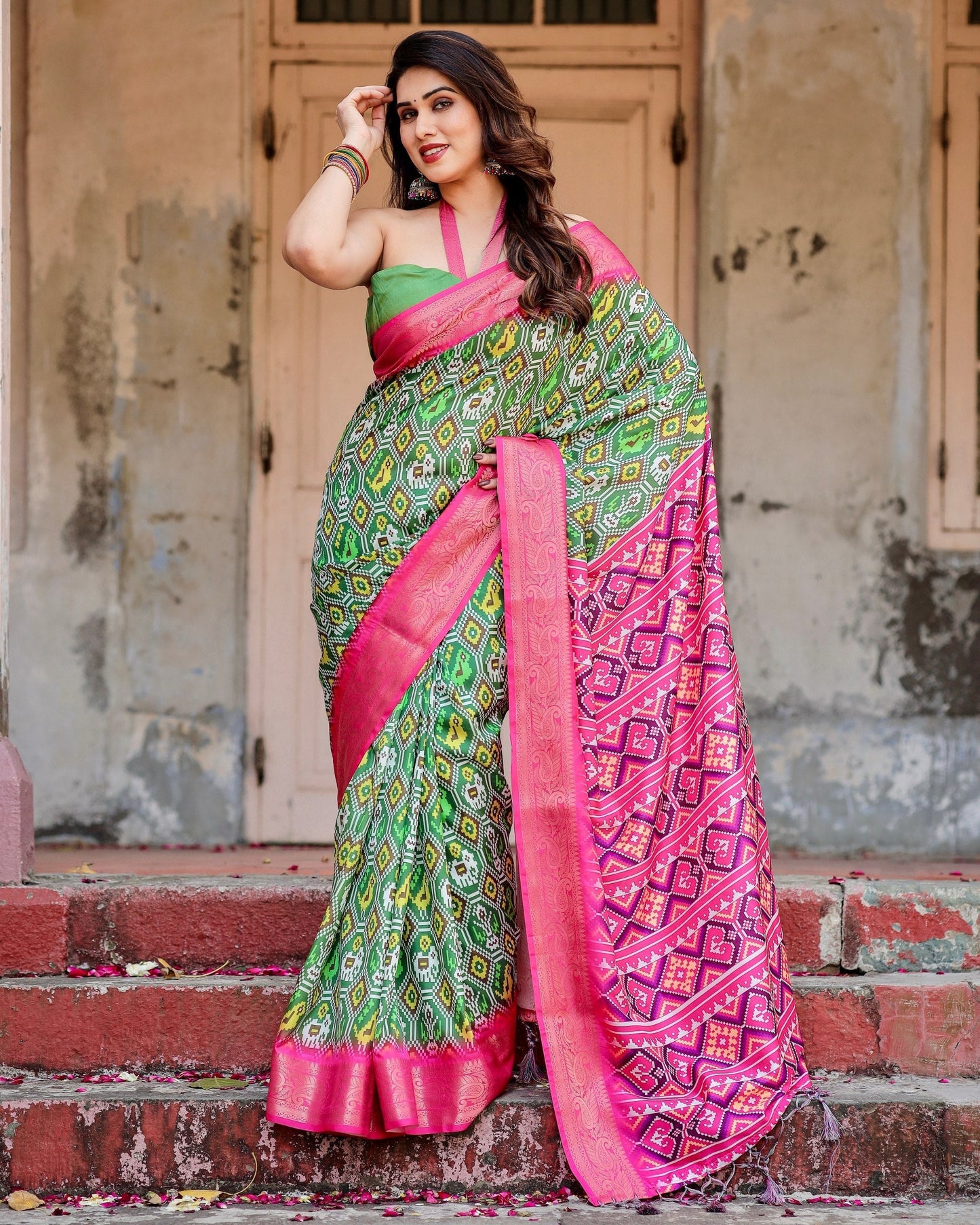 Green & Pink Floral Printed Cotton Silk Saree