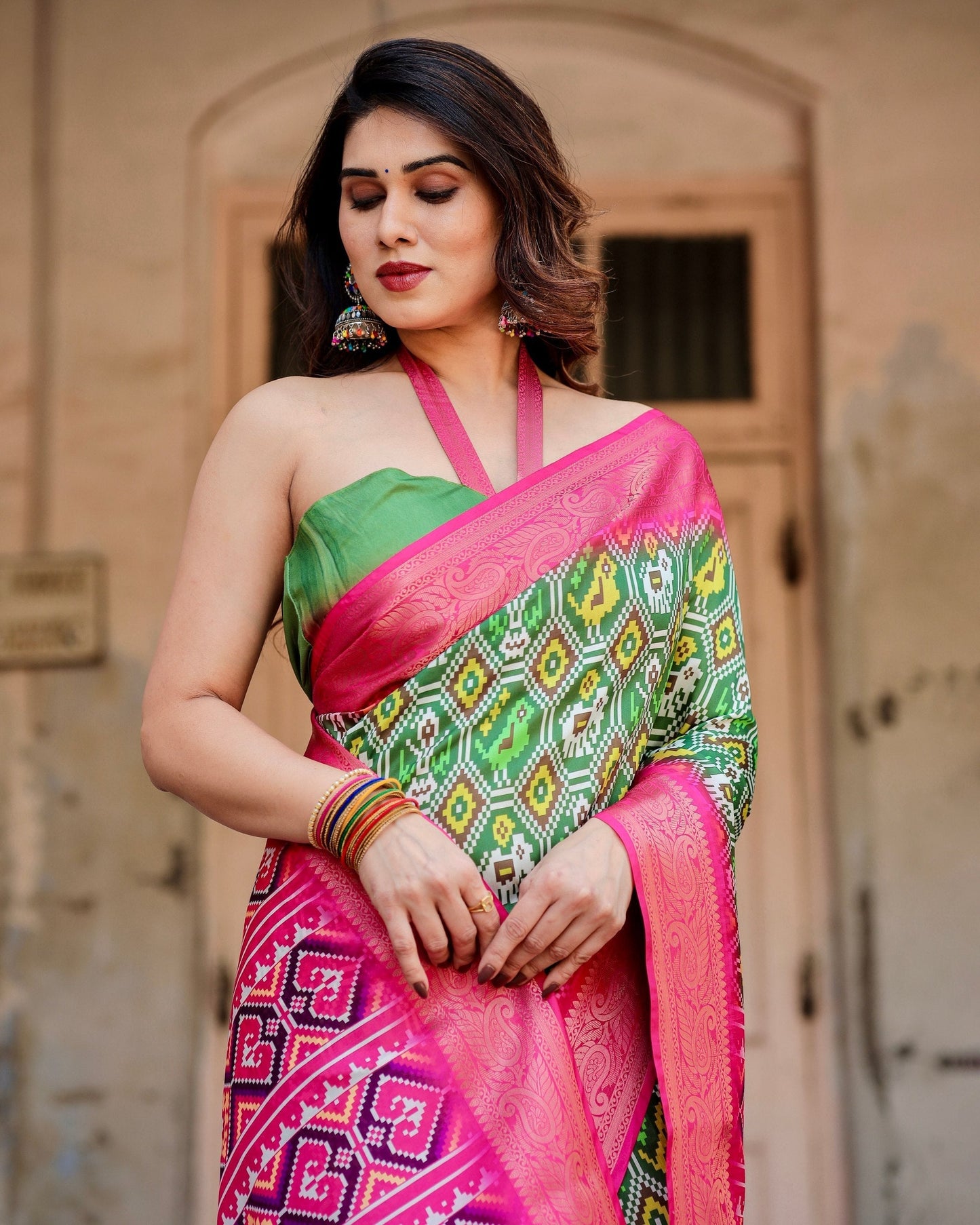 Green & Pink Floral Printed Cotton Silk Saree