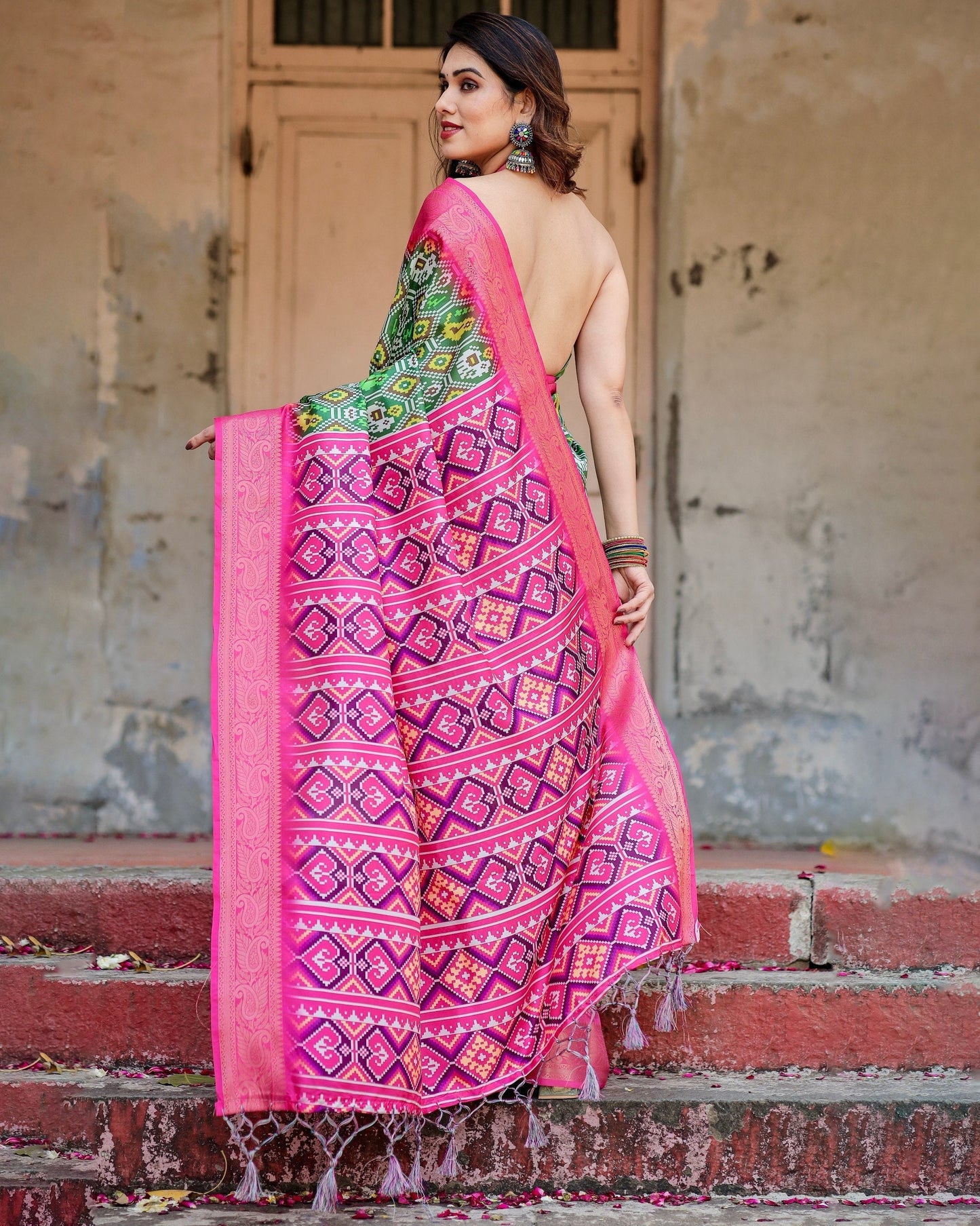 Green & Pink Floral Printed Cotton Silk Saree