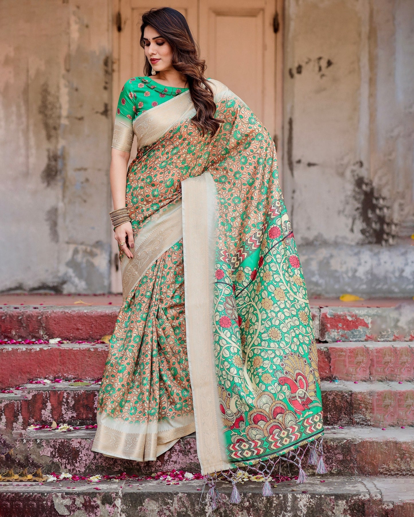 Brown & Cream Floral Printed Cotton Silk Saree
