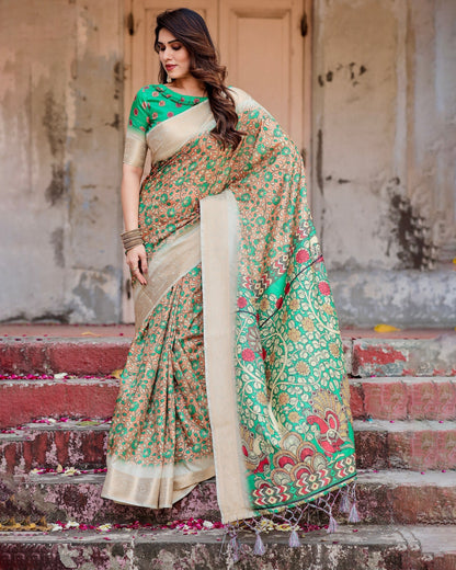 Brown & Cream Floral Printed Cotton Silk Saree