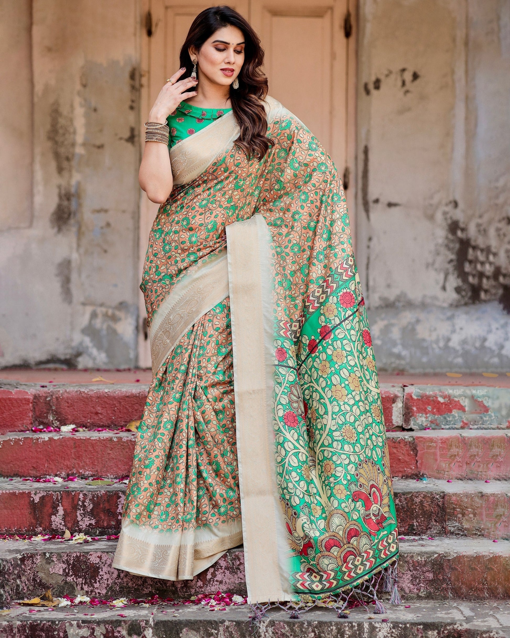 Brown & Cream Floral Printed Cotton Silk Saree