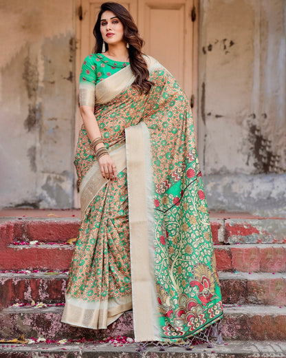 Brown & Cream Floral Printed Cotton Silk Saree