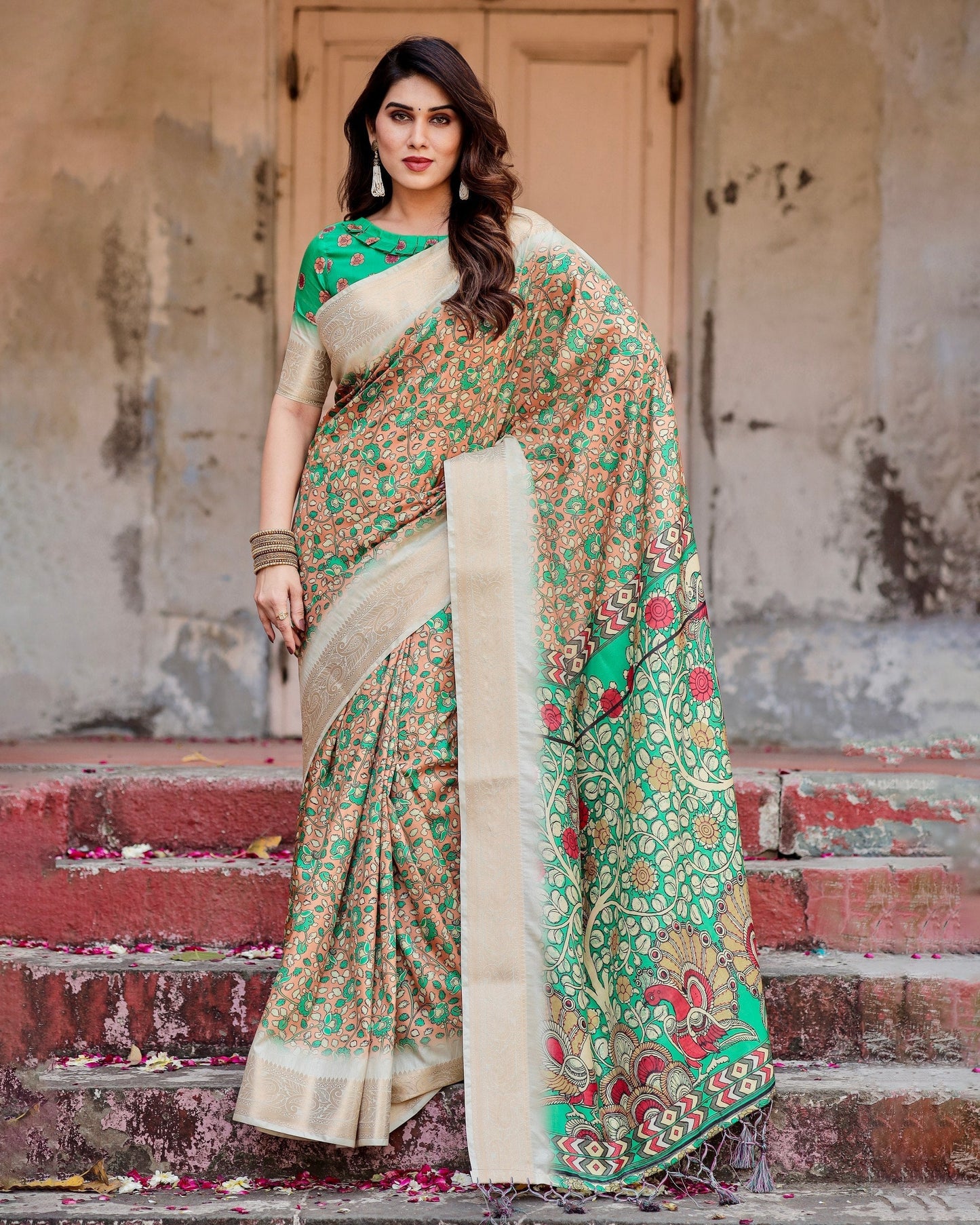 Brown & Cream Floral Printed Cotton Silk Saree