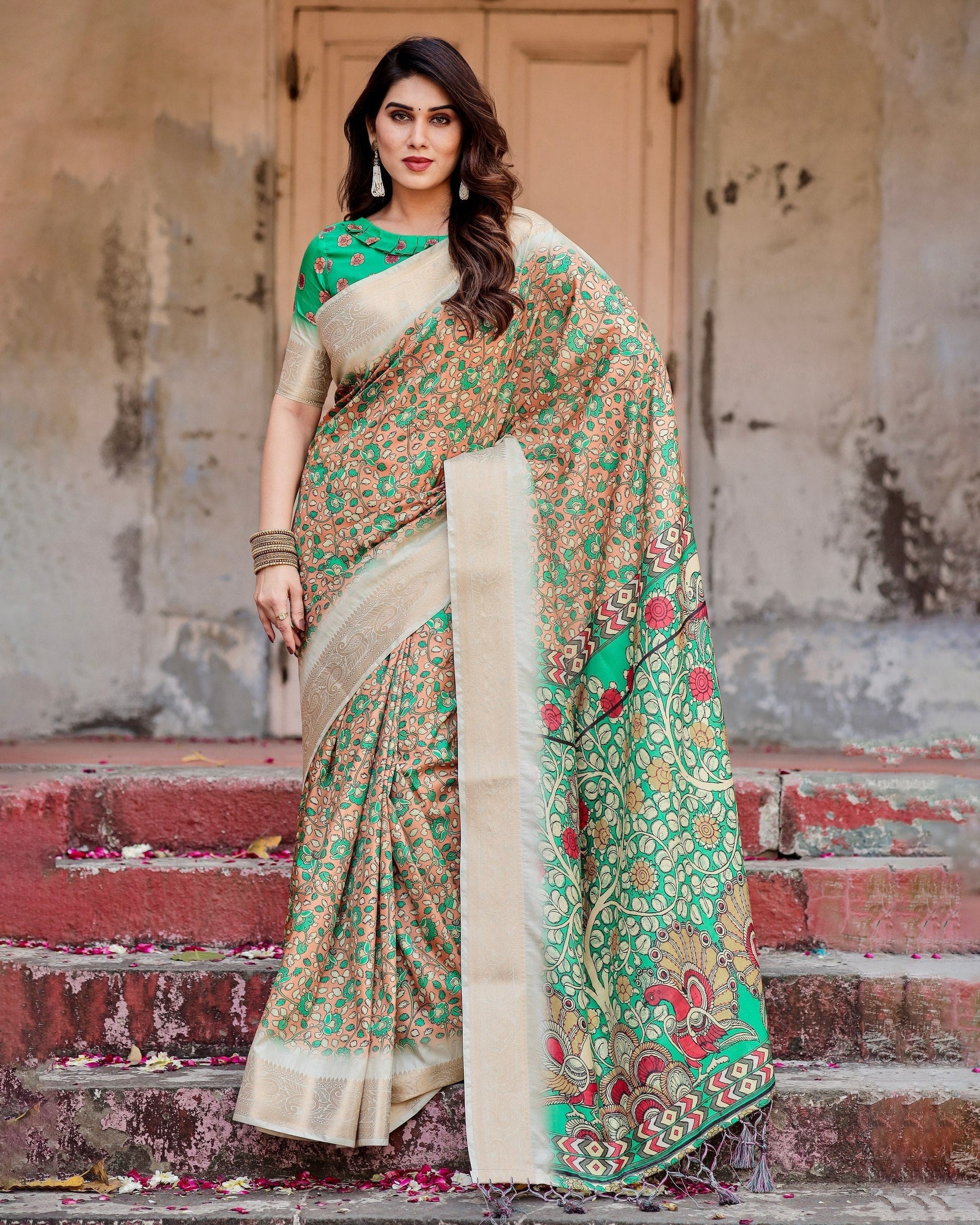 Brown & Cream Floral Printed Cotton Silk Saree